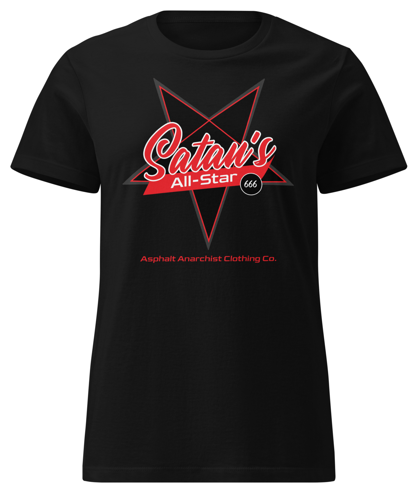 Front view Satan’s All Star Women’s Soft-Style Tee in black by Asphalt Anarchist Clothing Co.—black fitted tee with cursive “Satan’s” over a pentagram and 666 back collar detail. AI-generated image.