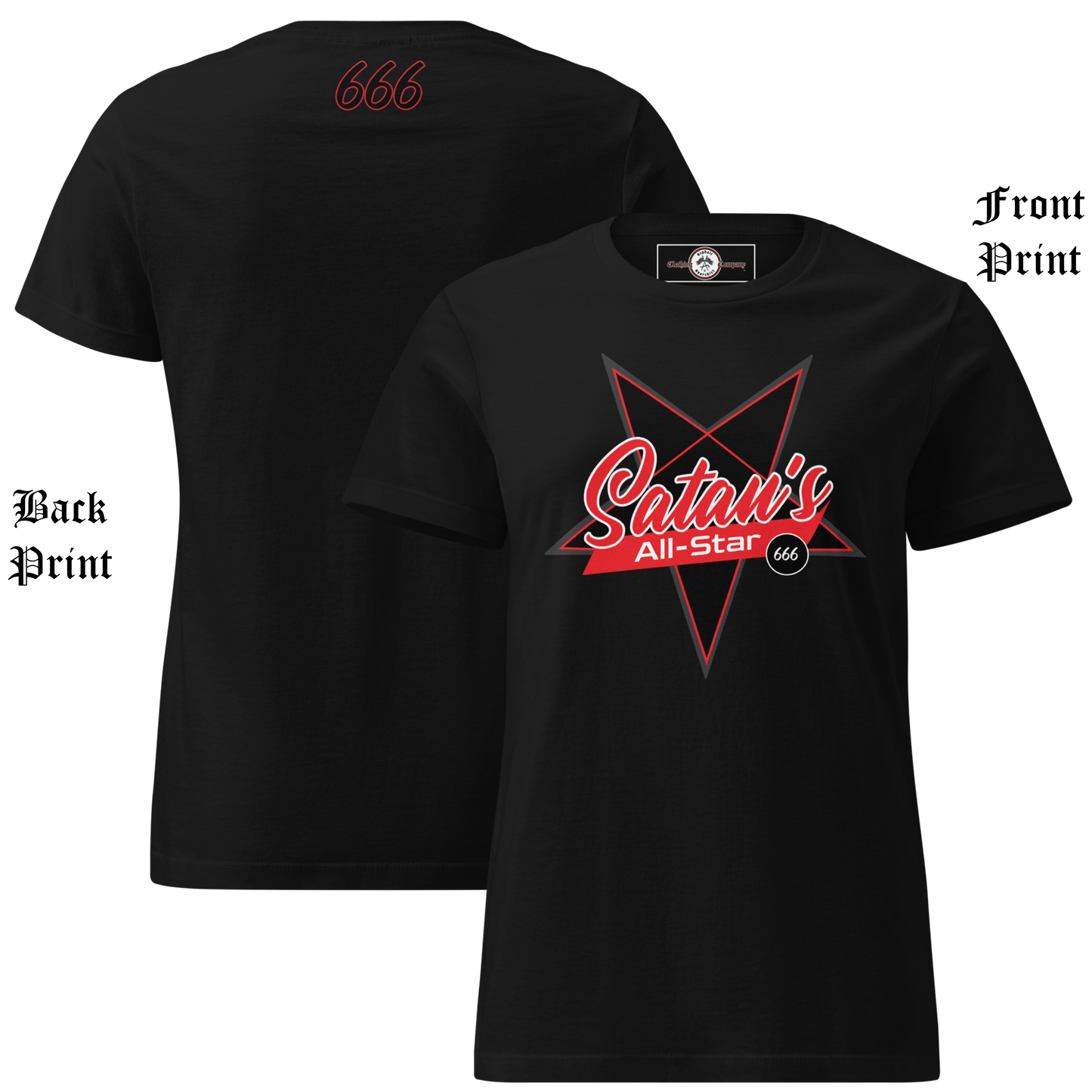 
                  
                    Front and back view Satan’s All Star Women’s Soft-Style Tee in black by Asphalt Anarchist Clothing Co.—black fitted tee with cursive “Satan’s” over a pentagram and 666 back collar detail. AI-generated image.
                  
                