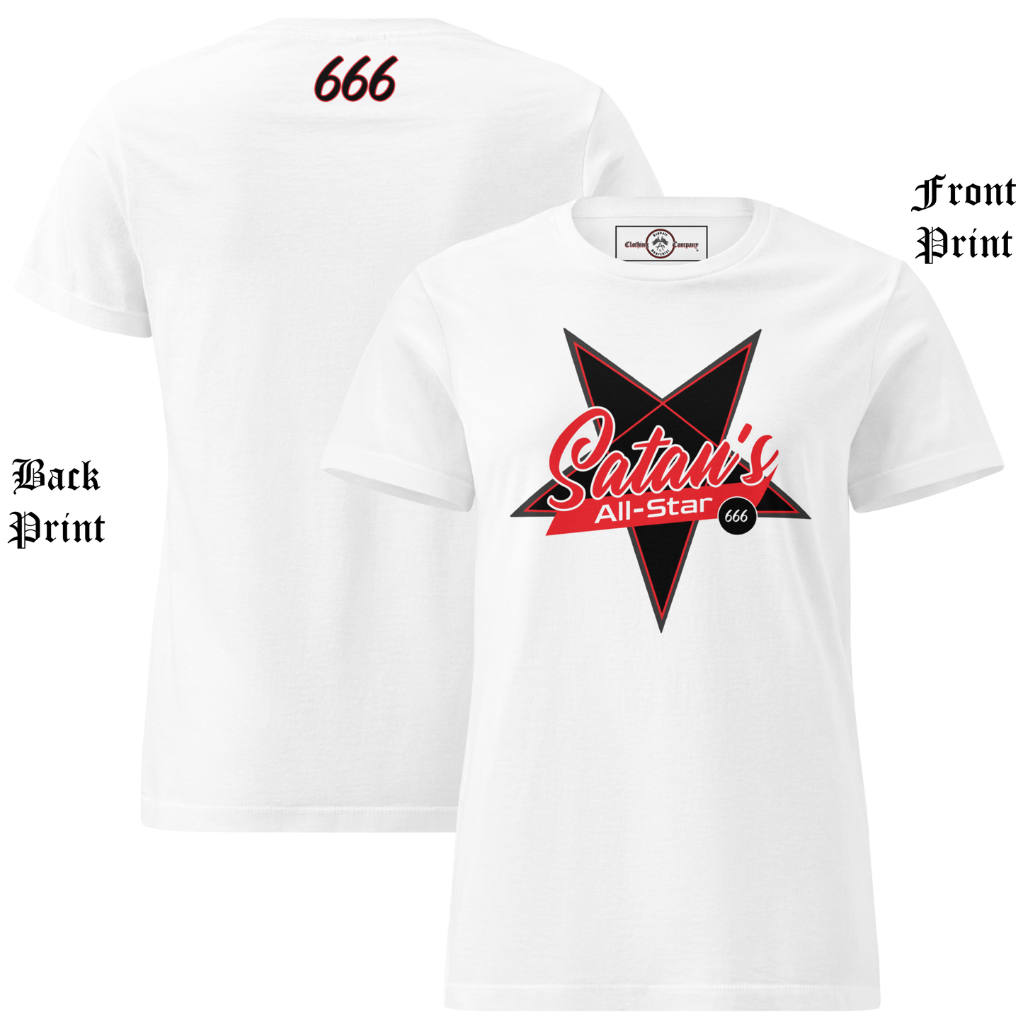 
                  
                    Front and back view Satan’s All Star Women’s Soft-Style Tee in white by Asphalt Anarchist Clothing Co.—black fitted tee with cursive “Satan’s” over a pentagram and 666 back collar detail. AI-generated image.
                  
                