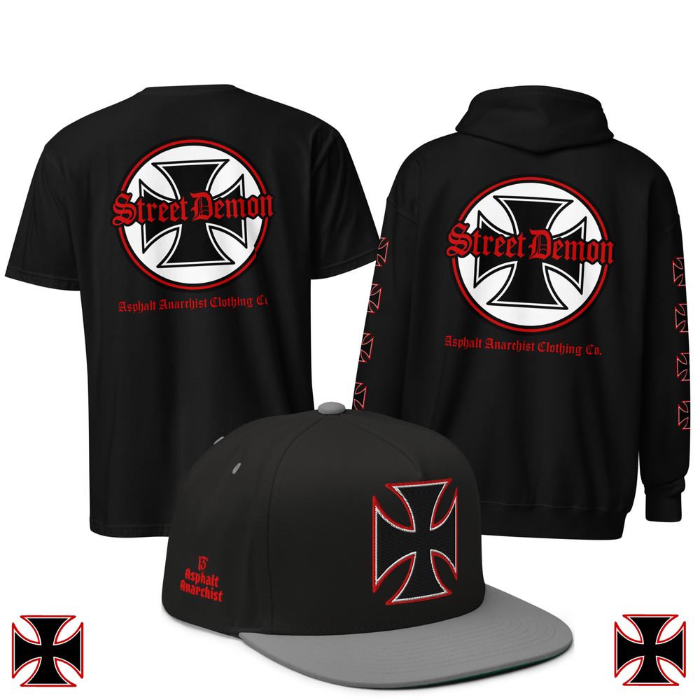 Street Demon Collection from Asphalt Anarchist Clothing Co. Iron Cross with Old English text design. Tee, Hoodie, Snapback Hat. OLD SKOOL HOT ROD CLOTHING & PRODUCTS