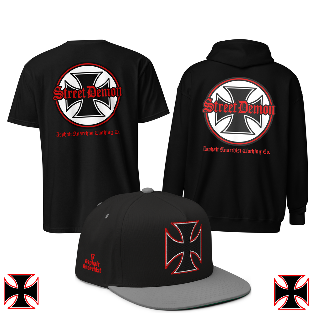 Street Demon Collection from Asphalt Anarchist Clothing Co. Iron Cross with Old English text design. Tee, Hoodie, Snapback Hat. OLD SKOOL HOT ROD CLOTHING & PRODUCTS