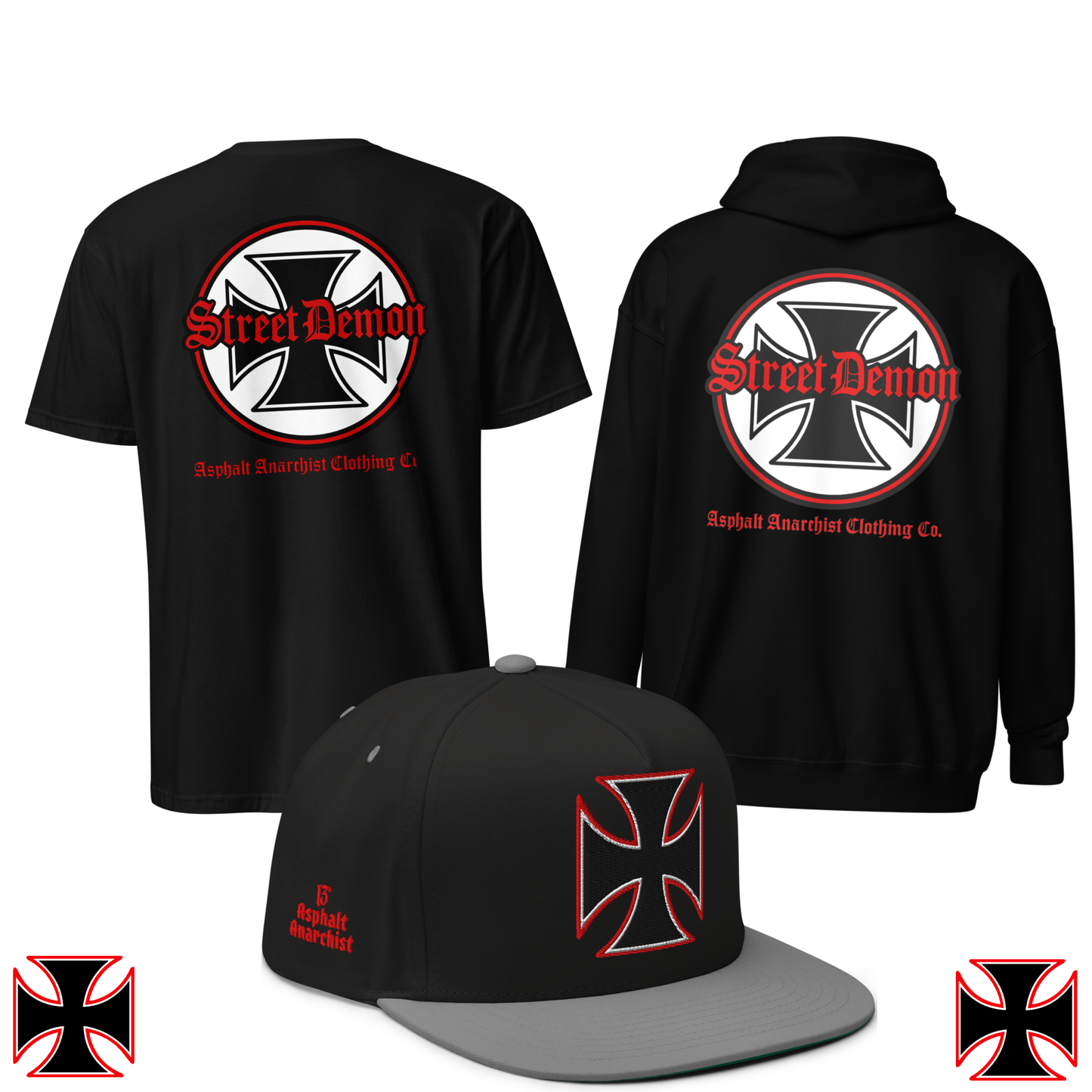 Street Demon Collection from Asphalt Anarchist Clothing Co. Iron Cross with Old English text design. Tee, Hoodie, Snapback Hat. OLD SKOOL HOT ROD CLOTHING & PRODUCTS