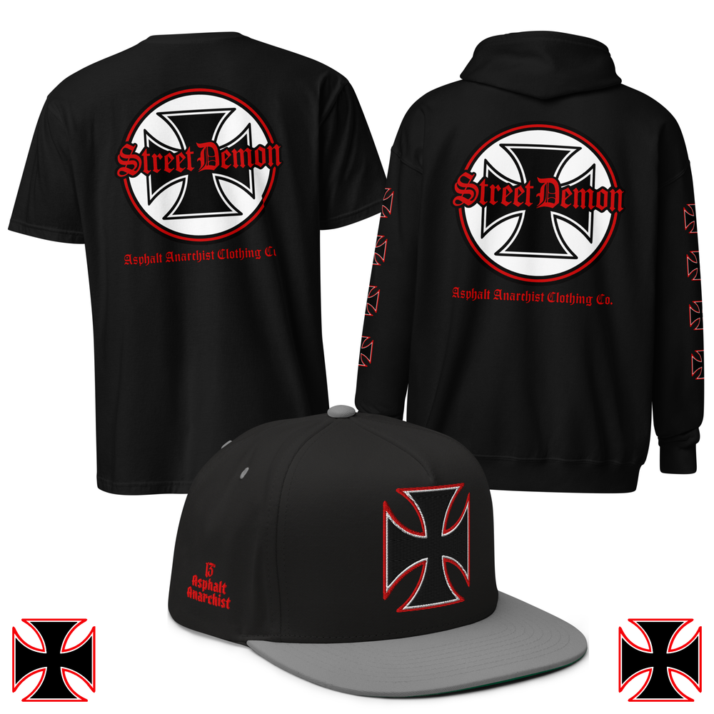Street Demon Collection from Asphalt Anarchist Clothing Co. Iron Cross with Old English text design. Tee, Hoodie, Snapback Hat. OLD SKOOL HOT ROD CLOTHING & PRODUCTS