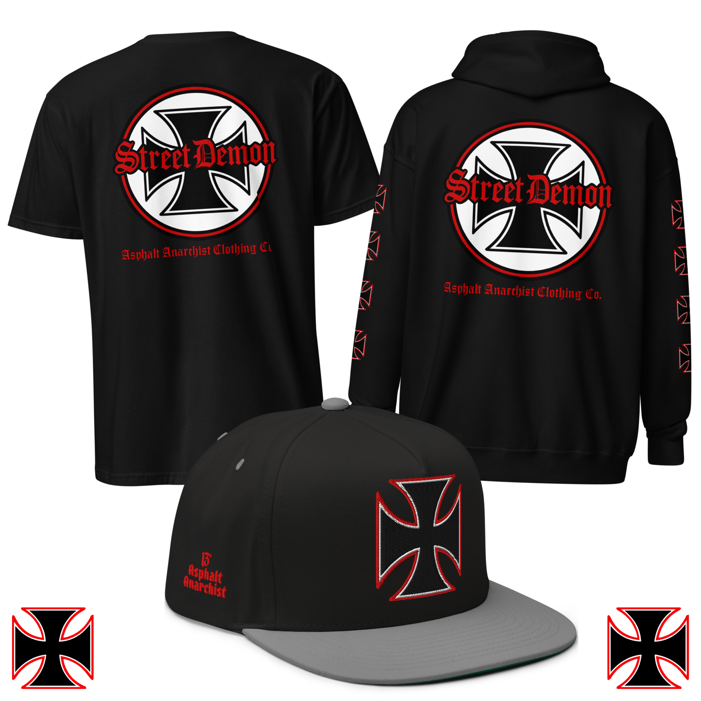 Street Demon Collection from Asphalt Anarchist Clothing Co. Iron Cross with Old English text design. Tee, Hoodie, Snapback Hat. OLD SKOOL HOT ROD CLOTHING & PRODUCTS