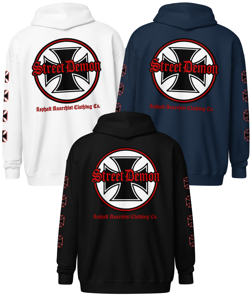 Back View. Street Demon Heavy Zipper Black, white, navy color options Hoodie with bold Old English typography layered over a classic iron cross emblem. The design channels raw hot rod energy and outlaw attitude, printed on rugged fleece with a durable metal zipper for a rebellious finish. This image was generated by AI 