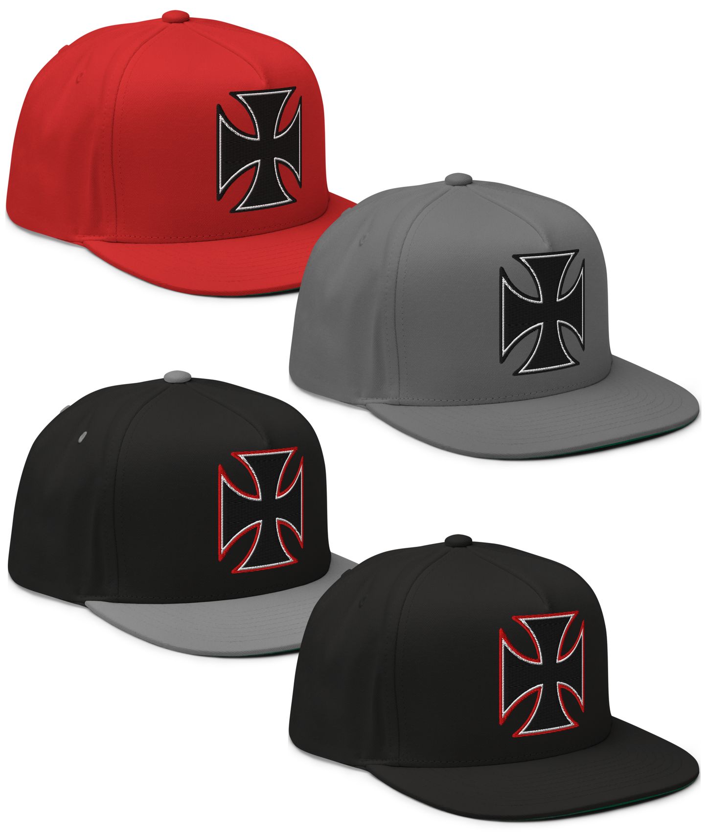 Collage View. Black, Black & Gray, Gray. Red Street Demon Snapback Hat from Asphalt Anarchist Clothing Co. featuring a bold embroidered Iron Cross emblem centered on the front panel; flat brim and structured fit reflect rebellious streetwear style.
This image was AI-generated.