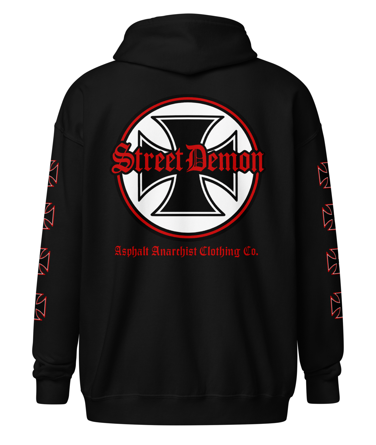 Back View. Street Demon Heavy Zipper Black Hoodie with bold Old English typography layered over a classic iron cross emblem. The design channels raw hot rod energy and outlaw attitude, printed on rugged fleece with a durable metal zipper for a rebellious finish. This image was generated by AI 
