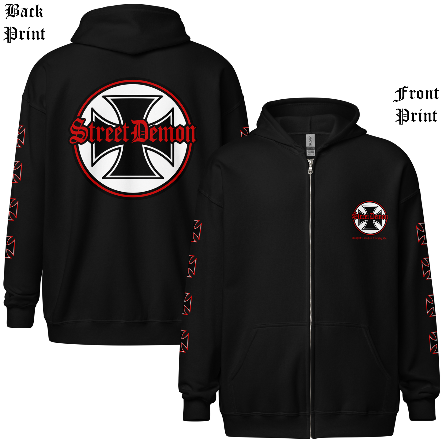 
                  
                    Back & front View. Street Demon Heavy Zipper Black Hoodie with bold Old English typography layered over a classic iron cross emblem. The design channels raw hot rod energy and outlaw attitude, printed on rugged fleece with a durable metal zipper for a rebellious finish. This image was generated by AI 
                  
                