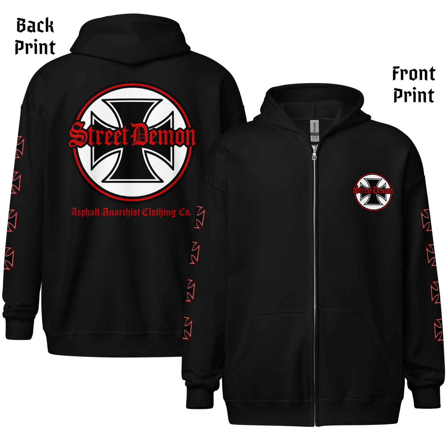 
                  
                    Back & front View. Street Demon Heavy Zipper Black Hoodie with bold Old English typography layered over a classic iron cross emblem. The design channels raw hot rod energy and outlaw attitude, printed on rugged fleece with a durable metal zipper for a rebellious finish. This image was generated by AI 
                  
                