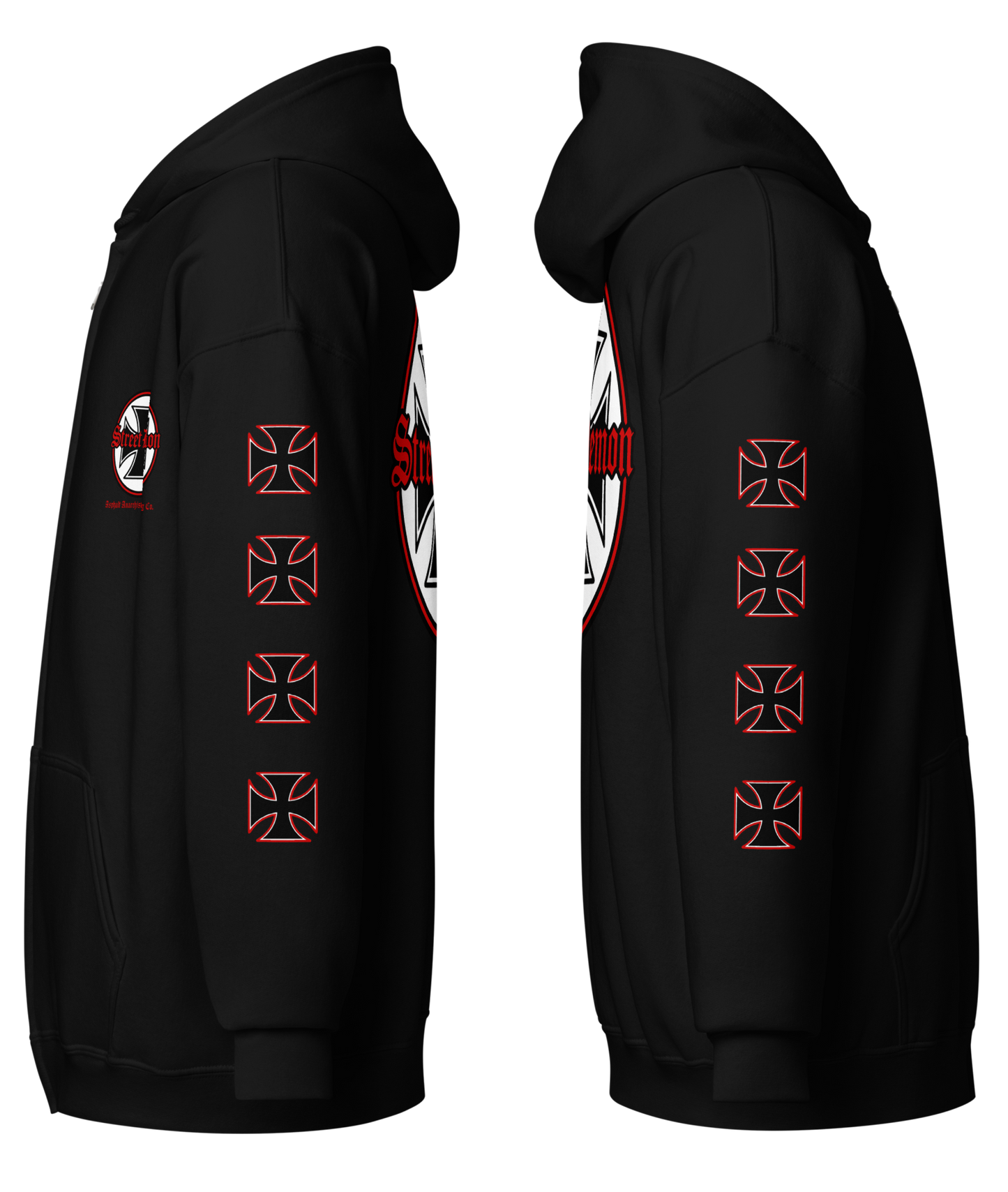 
                  
                    Left & right side View. Street Demon Heavy Zipper Black Hoodie with bold Old English typography layered over a classic iron cross emblem. The design channels raw hot rod energy and outlaw attitude, printed on rugged fleece with a durable metal zipper for a rebellious finish. This image was generated by AI 

                  
                