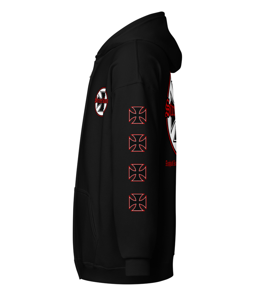 
                  
                    Left Side View. Street Demon Heavy Zipper Black Hoodie with bold Old English typography layered over a classic iron cross emblem. The design channels raw hot rod energy and outlaw attitude, printed on rugged fleece with a durable metal zipper for a rebellious finish. This image was generated by AI 

                  
                
