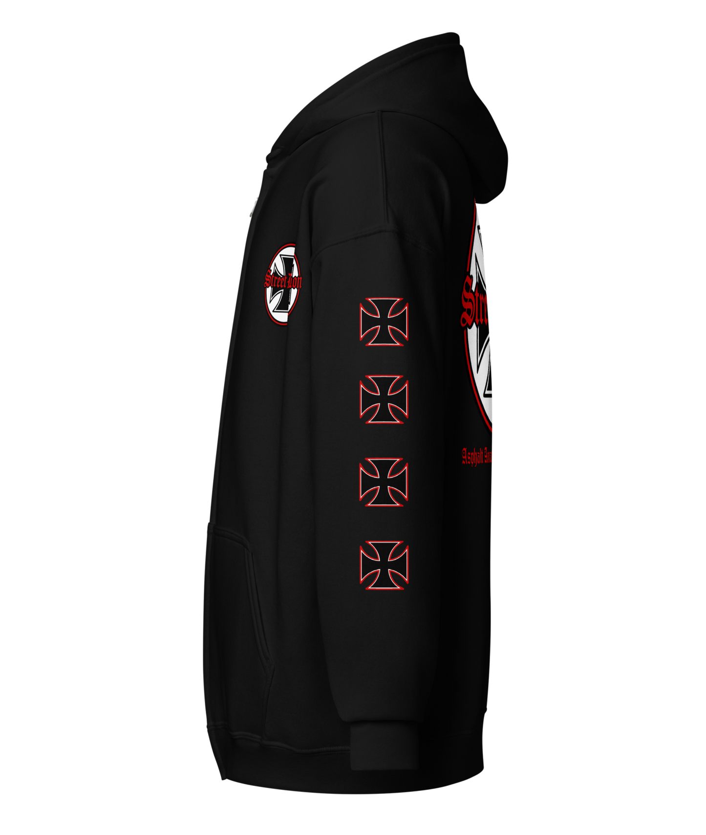 
                  
                    Left Side View. Street Demon Heavy Zipper Black Hoodie with bold Old English typography layered over a classic iron cross emblem. The design channels raw hot rod energy and outlaw attitude, printed on rugged fleece with a durable metal zipper for a rebellious finish. This image was generated by AI 

                  
                