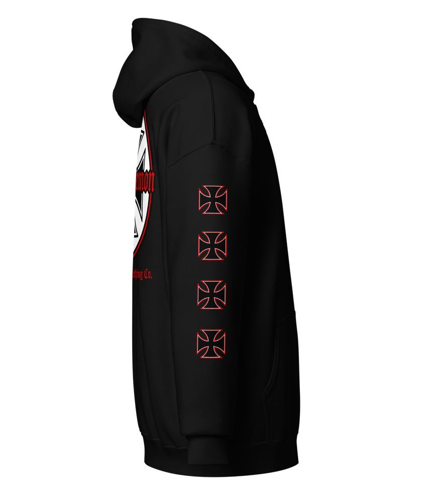 
                  
                    Right side View. Street Demon Heavy Zipper Black Hoodie with bold Old English typography layered over a classic iron cross emblem. The design channels raw hot rod energy and outlaw attitude, printed on rugged fleece with a durable metal zipper for a rebellious finish. This image was generated by AI 

                  
                