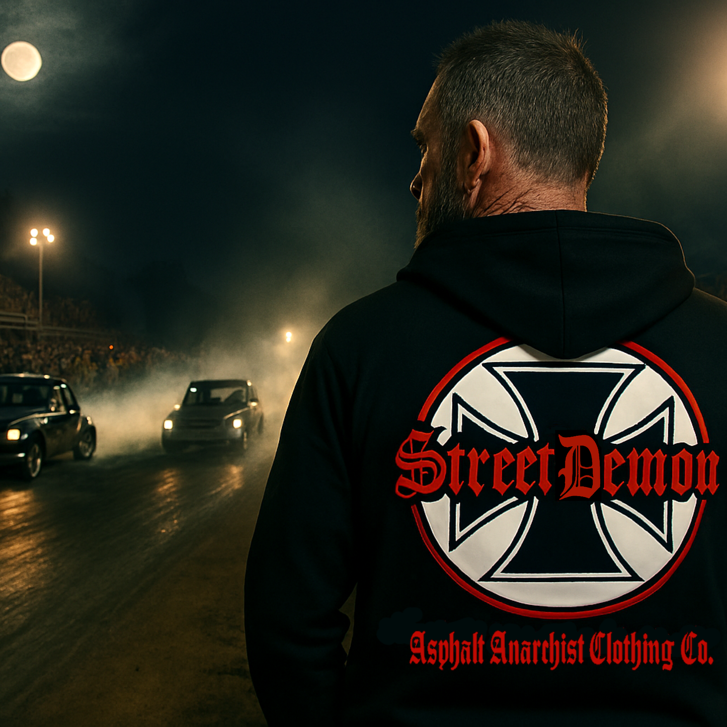 
                  
                    A crusty greaser back in the day stands by watching a drag race at the track. He is wearing the Street Demon Heavy Zipper Black Hoodie that channels raw hot rod energy and outlaw attitude. This image was generated by AI 
                  
                