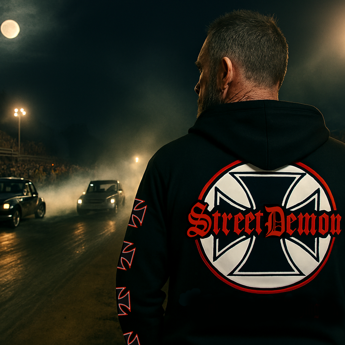 
                  
                    A crusty greaser back in the day stands by watching a drag race at the track. He is wearing the Street Demon Heavy Zipper Black Hoodie that channels raw hot rod energy and outlaw attitude. This image was generated by AI 
                  
                