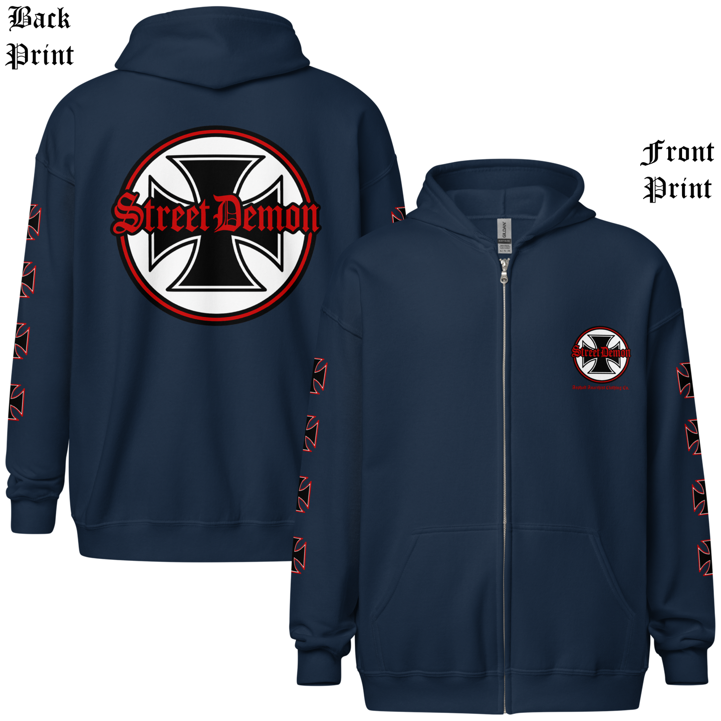 
                  
                    Back & front View. Street Demon Heavy Zipper Navy Hoodie with bold Old English typography layered over a classic iron cross emblem. The design channels raw hot rod energy and outlaw attitude, printed on rugged fleece with a durable metal zipper for a rebellious finish. This image was generated by AI 
                  
                