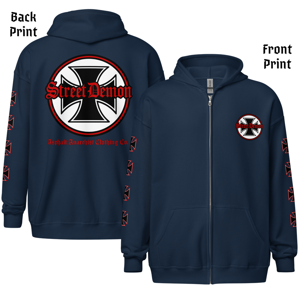 
                  
                    Back & front View. Street Demon Heavy Zipper Navy Hoodie with bold Old English typography layered over a classic iron cross emblem. The design channels raw hot rod energy and outlaw attitude, printed on rugged fleece with a durable metal zipper for a rebellious finish. This image was generated by AI 
                  
                
