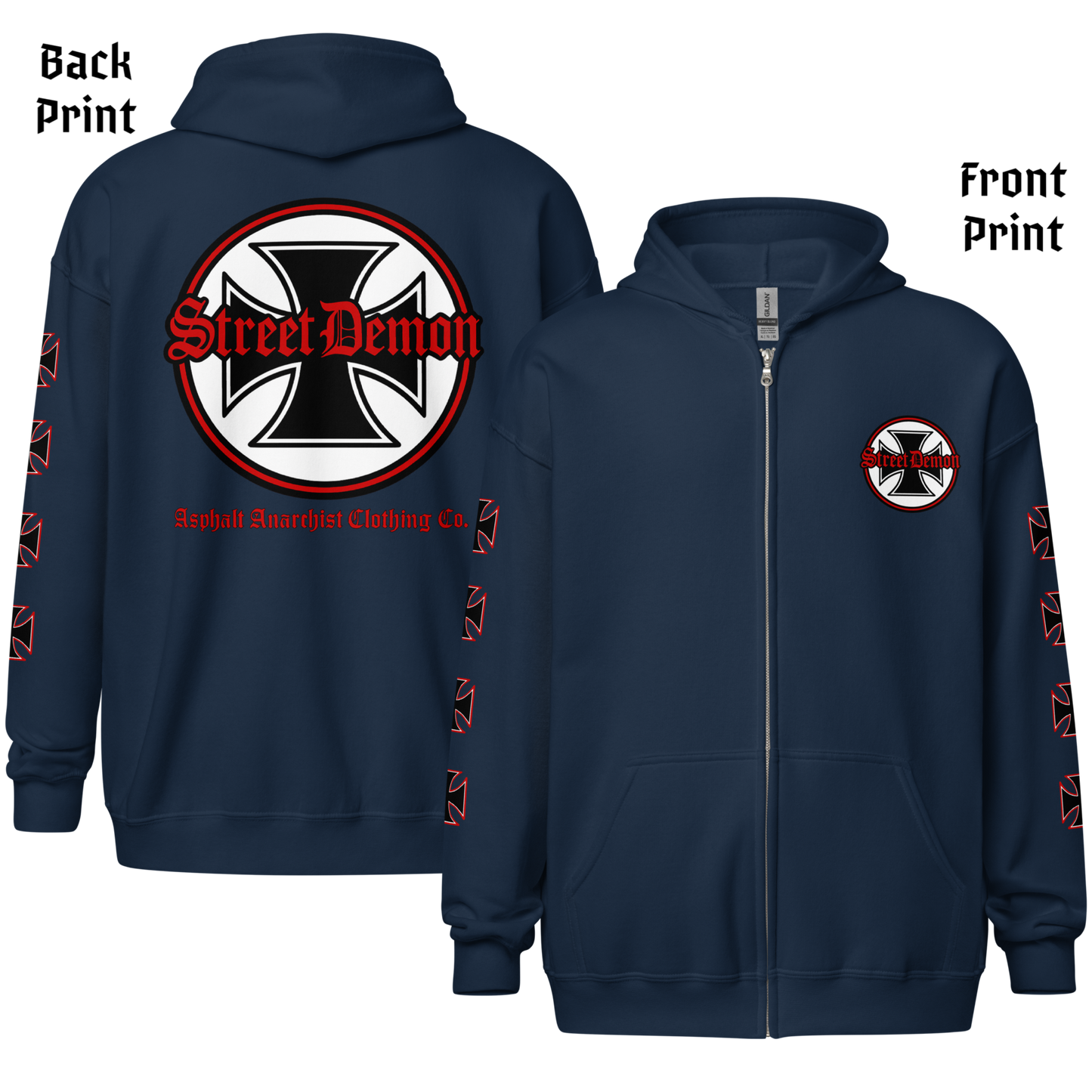 
                  
                    Back & front View. Street Demon Heavy Zipper Navy Hoodie with bold Old English typography layered over a classic iron cross emblem. The design channels raw hot rod energy and outlaw attitude, printed on rugged fleece with a durable metal zipper for a rebellious finish. This image was generated by AI 
                  
                