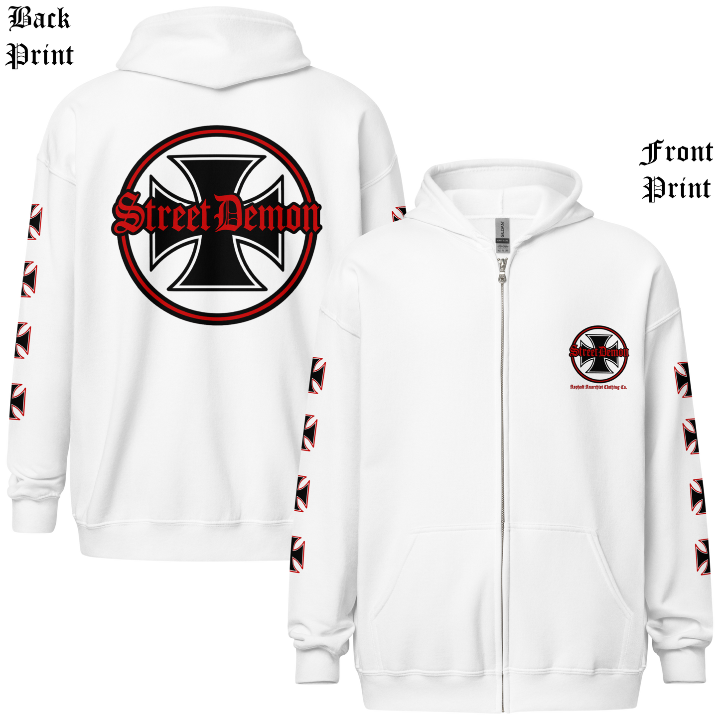 
                  
                    Back & front View. Street Demon Heavy Zipper White Hoodie with bold Old English typography layered over a classic iron cross emblem. The design channels raw hot rod energy and outlaw attitude, printed on rugged fleece with a durable metal zipper for a rebellious finish. This image was generated by AI 
                  
                