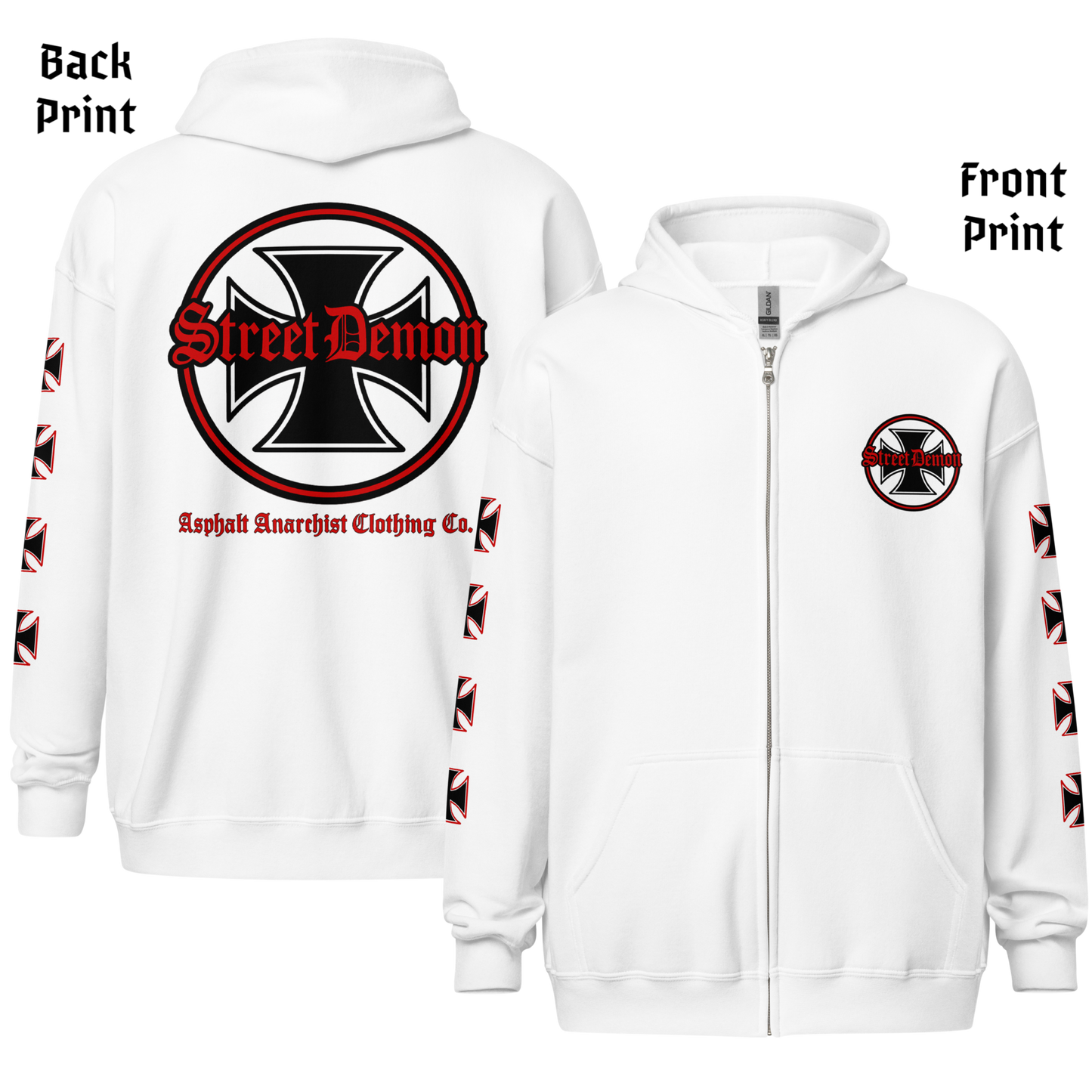 
                  
                    Back & front View. Street Demon Heavy Zipper White Hoodie with bold Old English typography layered over a classic iron cross emblem. The design channels raw hot rod energy and outlaw attitude, printed on rugged fleece with a durable metal zipper for a rebellious finish. This image was generated by AI 
                  
                
