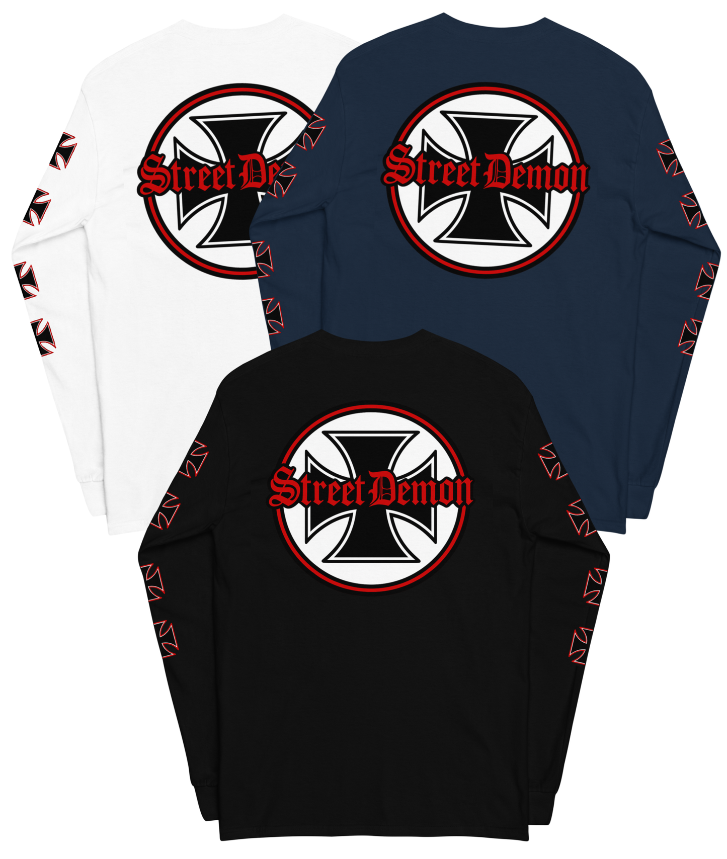 Back view of the Street Demon Long Sleeve Tee in Black, Navy, or White from Asphalt Anarchist Clothing Co. Red & black Iron cross and Old English graphic. AI-generated image.