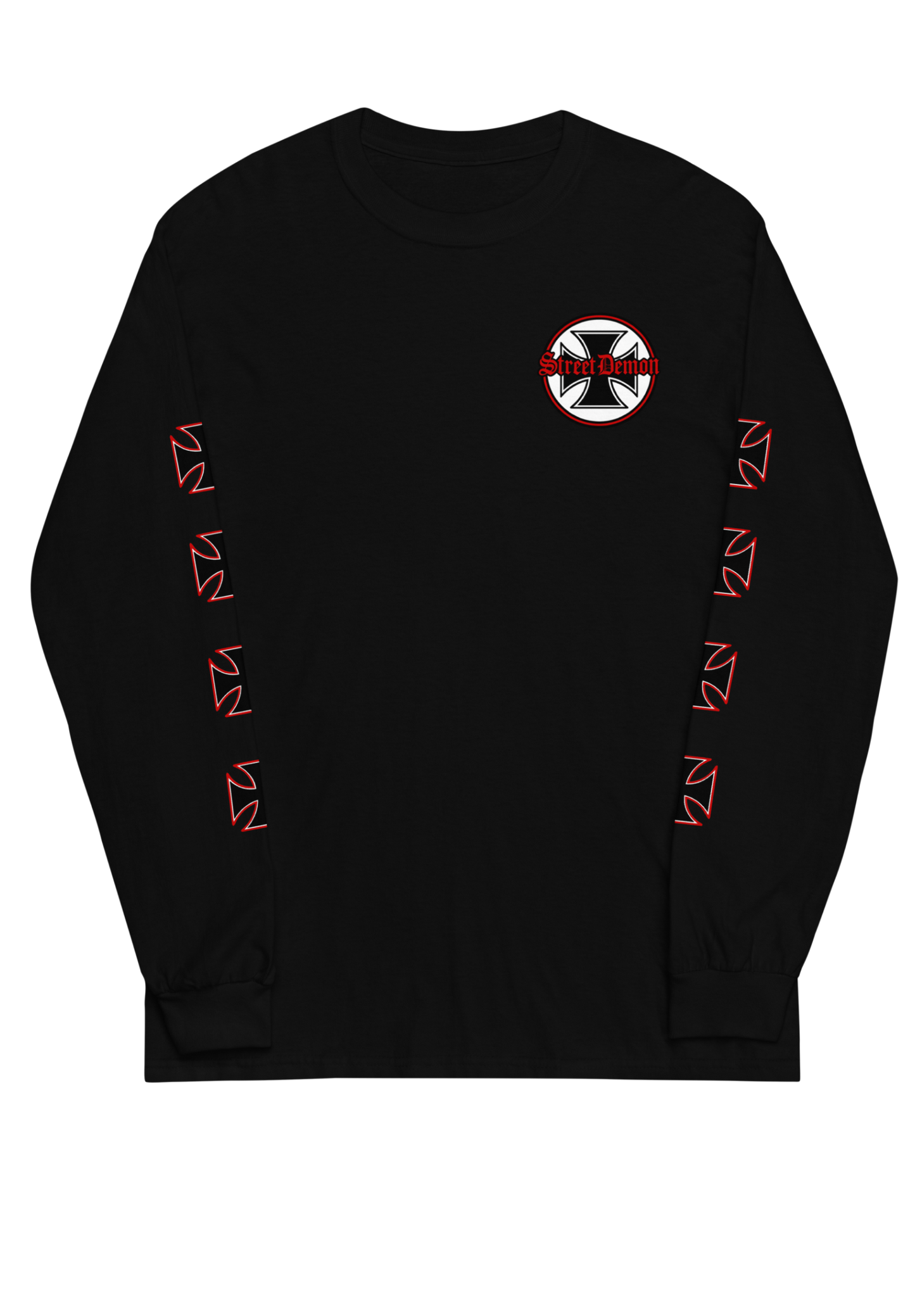 
                  
                    Front view of the Street Demon Long Sleeve Tee in Black from Asphalt Anarchist Clothing Co. Red & black Iron cross and Old English graphic. AI-generated image.
                  
                