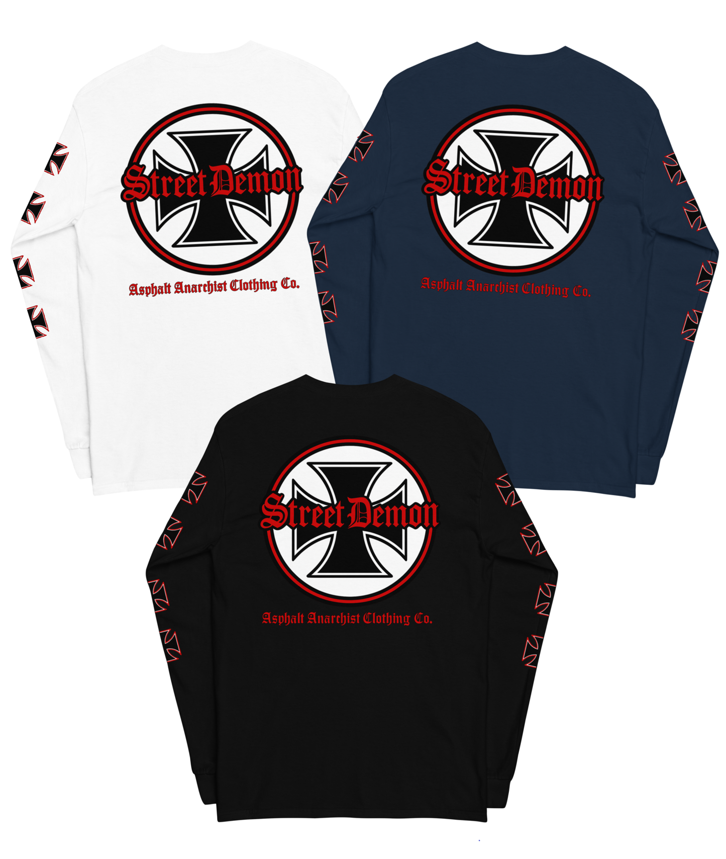 Back view of the Street Demon Long Sleeve Tee in Black, Navy, or White from Asphalt Anarchist Clothing Co. Red & black Iron cross and Old English graphic. AI-generated image.
