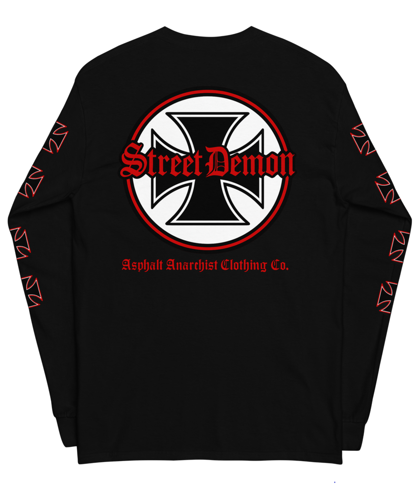 Back view of the Street Demon Long Sleeve Tee in Black from Asphalt Anarchist Clothing Co. Red & black Iron cross and Old English graphic. AI-generated image.