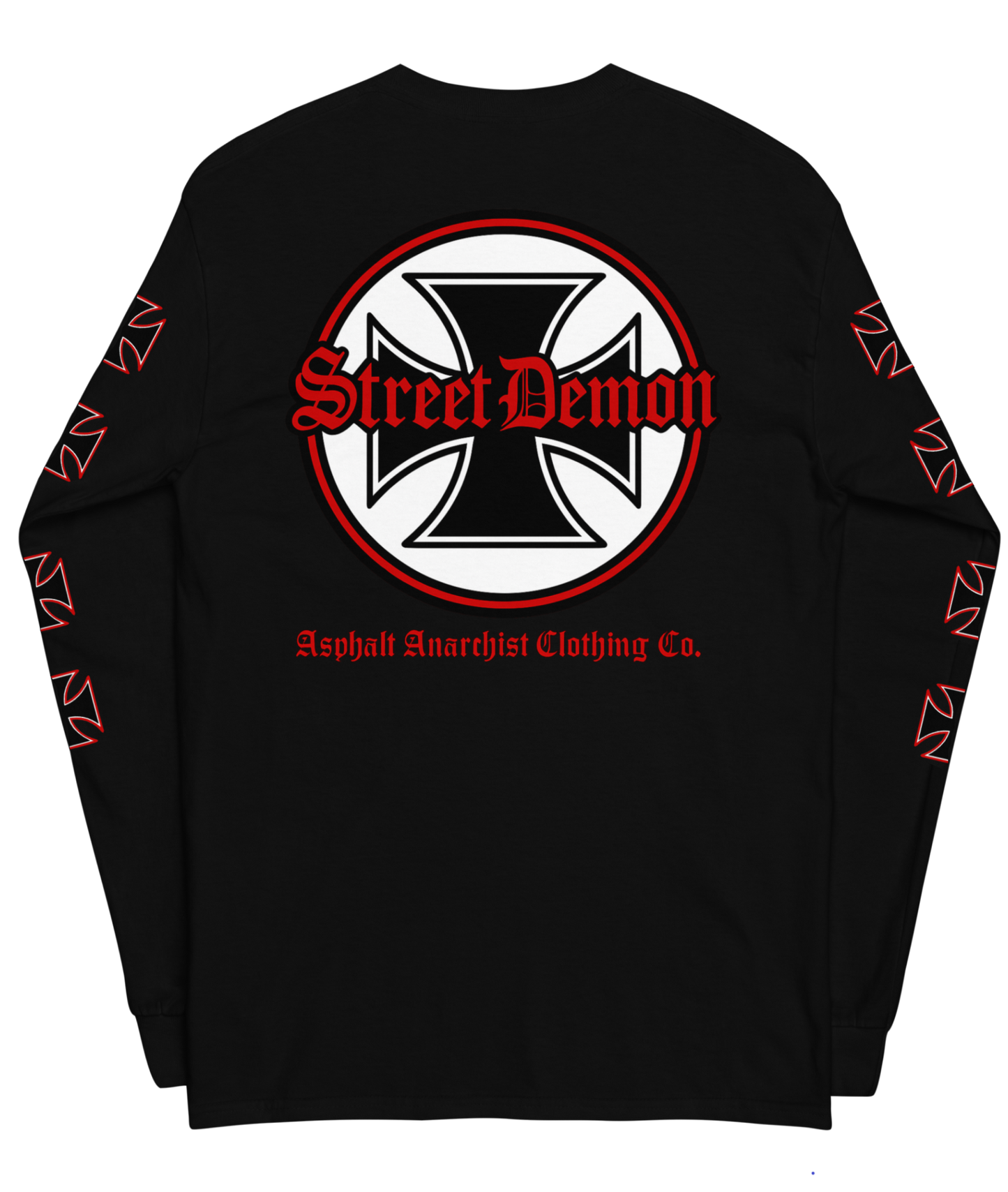 Back view of the Street Demon Long Sleeve Tee in Black from Asphalt Anarchist Clothing Co. Red & black Iron cross and Old English graphic. AI-generated image.