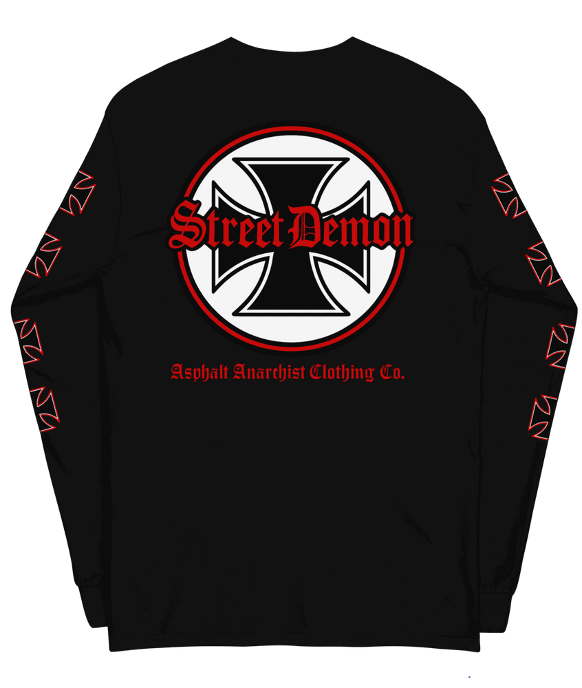 Back view of the Street Demon Long Sleeve Tee in Black from Asphalt Anarchist Clothing Co. Red & black Iron cross and Old English graphic. AI-generated image.