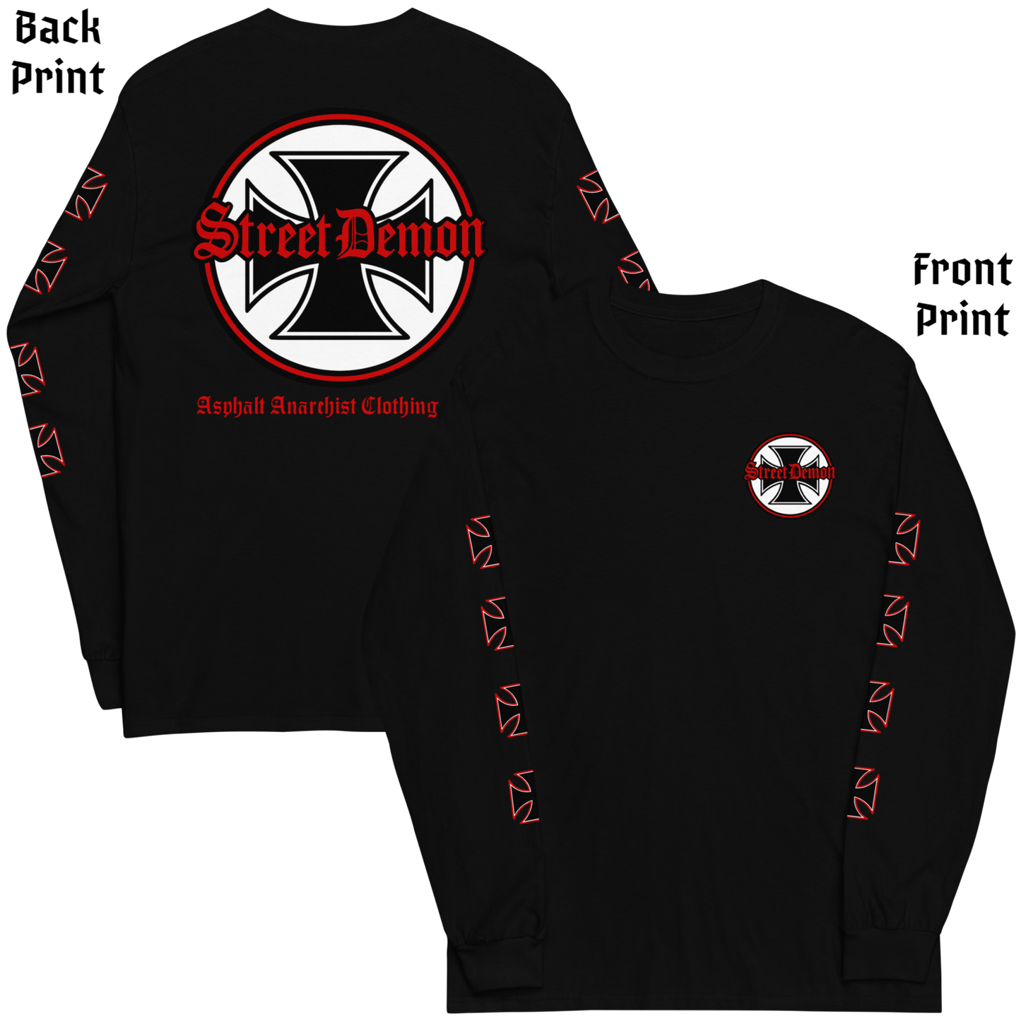 
                  
                    Back & front view of the Street Demon Long Sleeve Tee in Black from Asphalt Anarchist Clothing Co. Red & black Iron cross and Old English graphic. AI-generated image.
                  
                