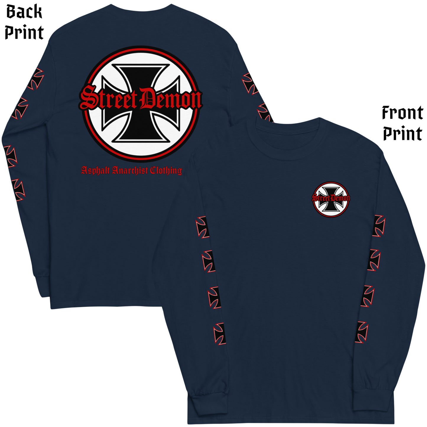 
                  
                    Back & front view of the Street Demon Long Sleeve Tee in Navy from Asphalt Anarchist Clothing Co. Red & black Iron cross and Old English graphic. AI-generated image.
                  
                