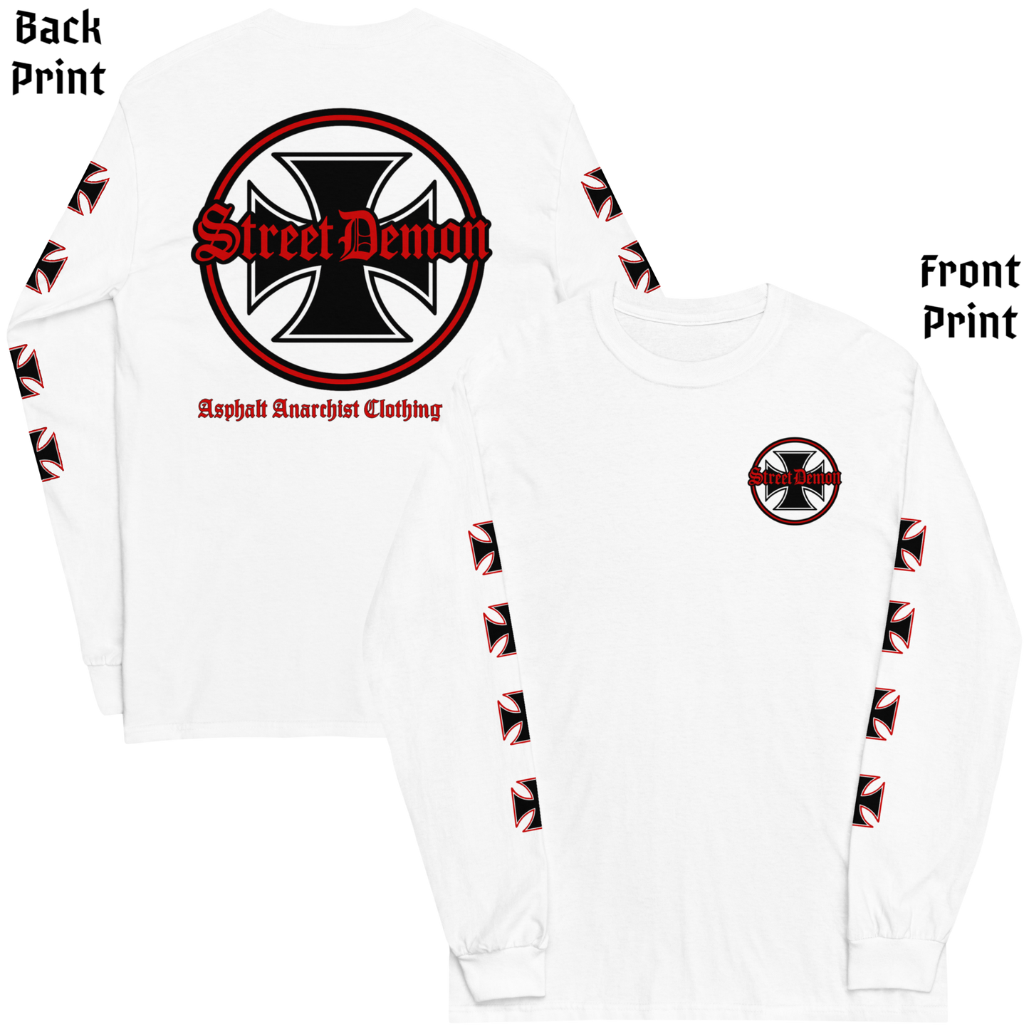 
                  
                    Back & front view of the Street Demon Long Sleeve Tee in White from Asphalt Anarchist Clothing Co. Red & black Iron cross and Old English graphic. AI-generated image.
                  
                