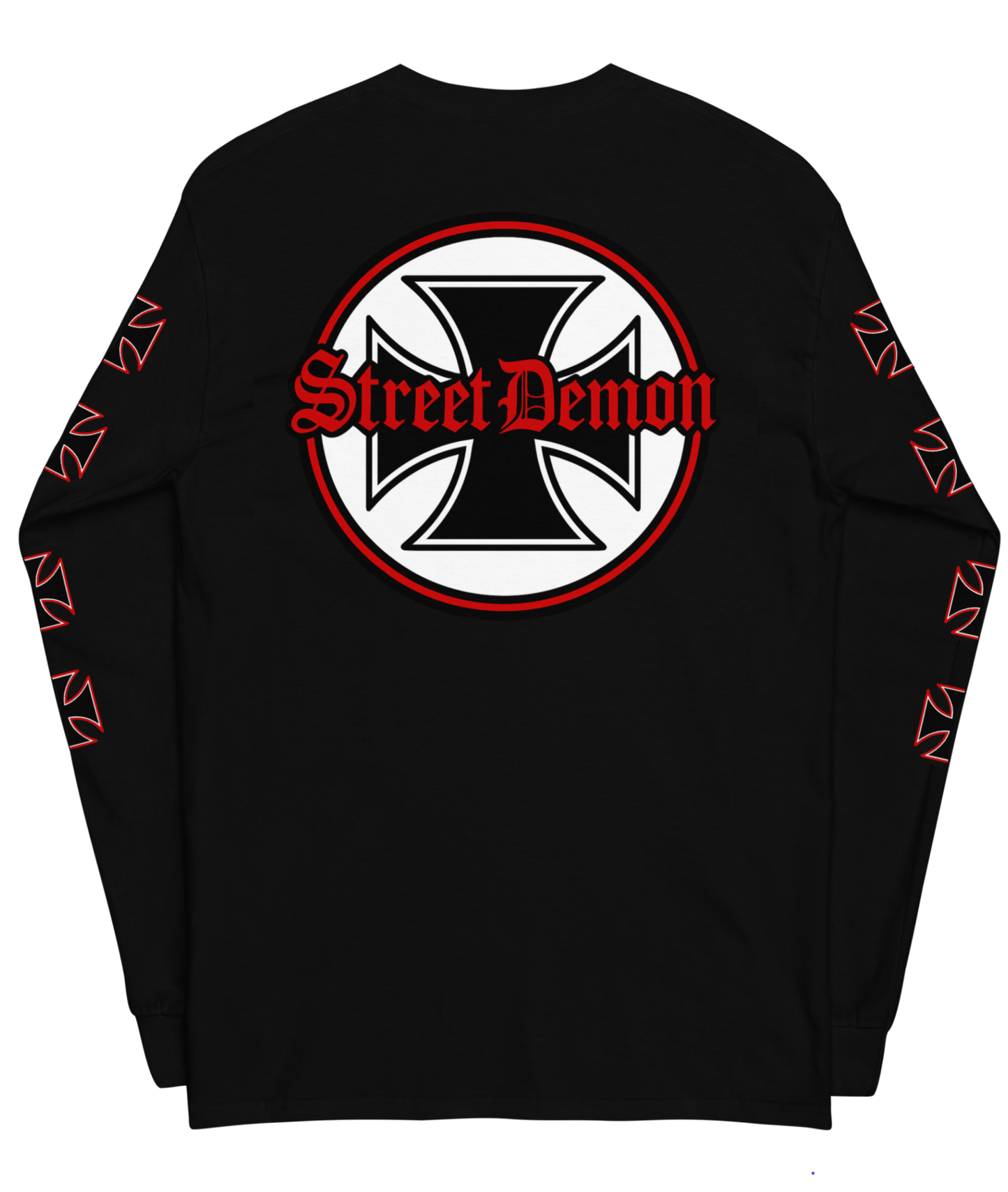 Back view of the Street Demon Long Sleeve Tee in Black from Asphalt Anarchist Clothing Co. Red & black Iron cross and Old English graphic. AI-generated image.