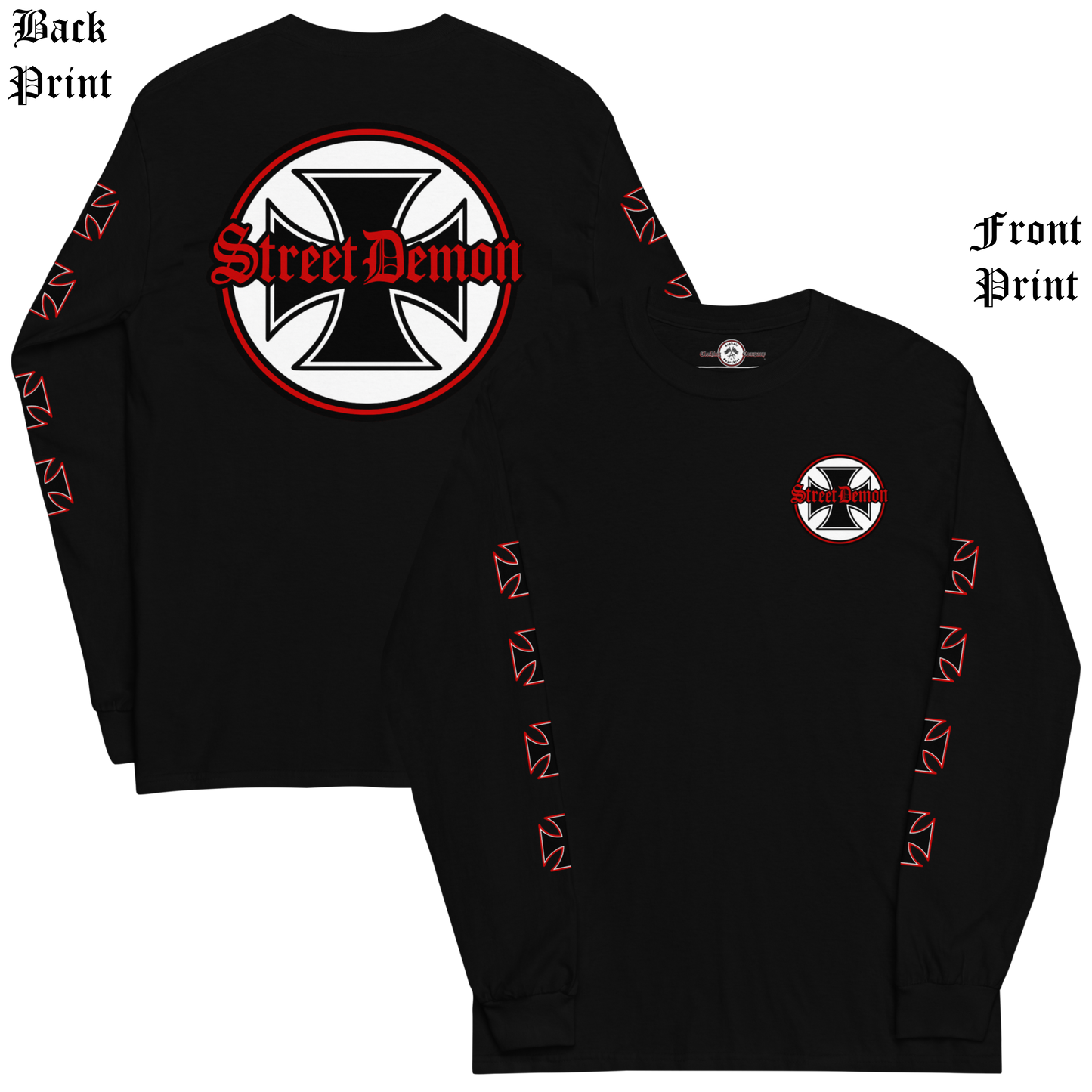 
                  
                    Back & front view of the Street Demon Long Sleeve Tee in Black from Asphalt Anarchist Clothing Co. Red & black Iron cross and Old English graphic. AI-generated image.
                  
                