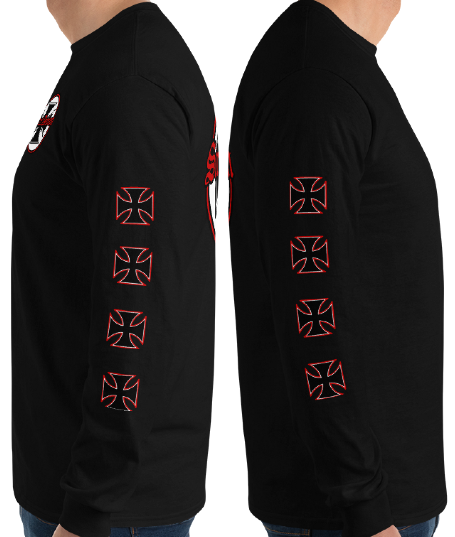 
                  
                    Left & Right view of the Street Demon Long Sleeve Tee in Black from Asphalt Anarchist Clothing Co. Red & black Iron cross and Old English graphic. AI-generated image.
                  
                