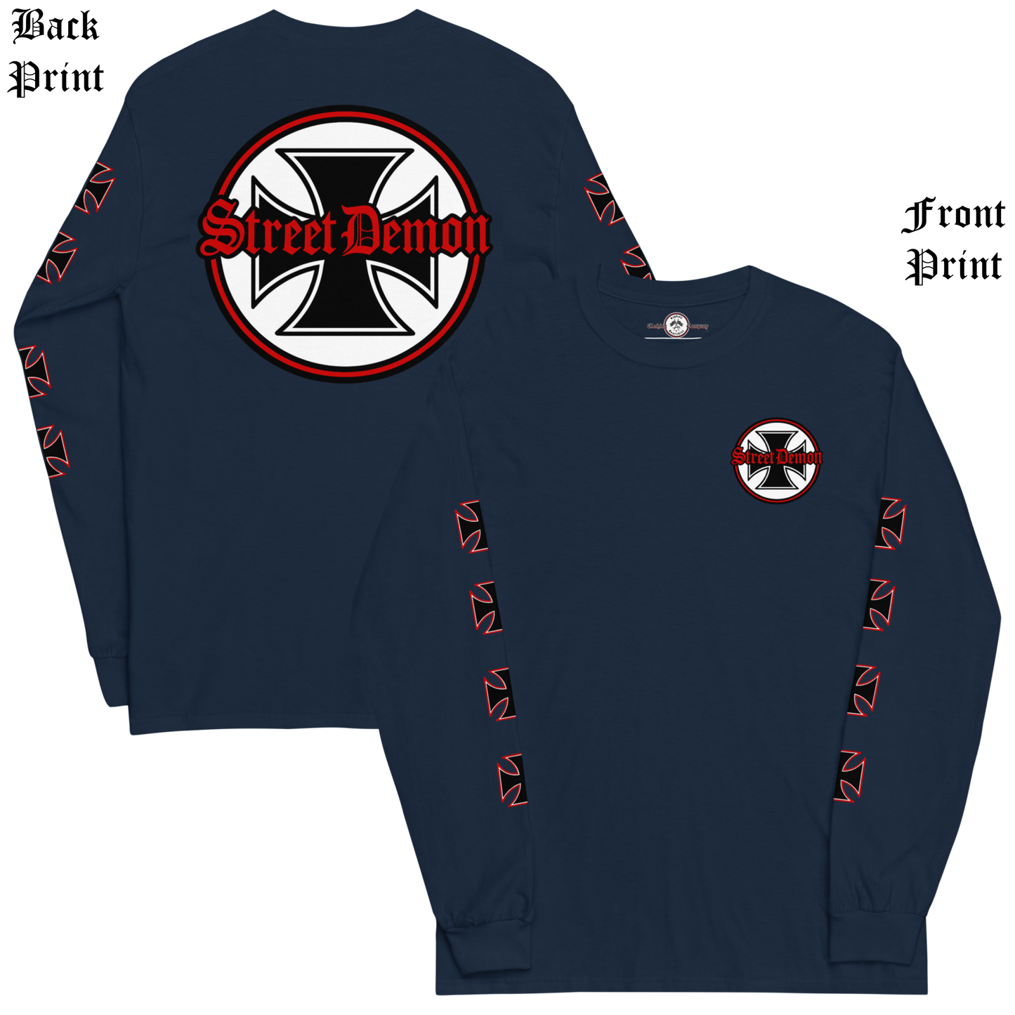 
                  
                    Back & front view of the Street Demon Long Sleeve Tee in Navy from Asphalt Anarchist Clothing Co. Red & black Iron cross and Old English graphic. AI-generated image.
                  
                