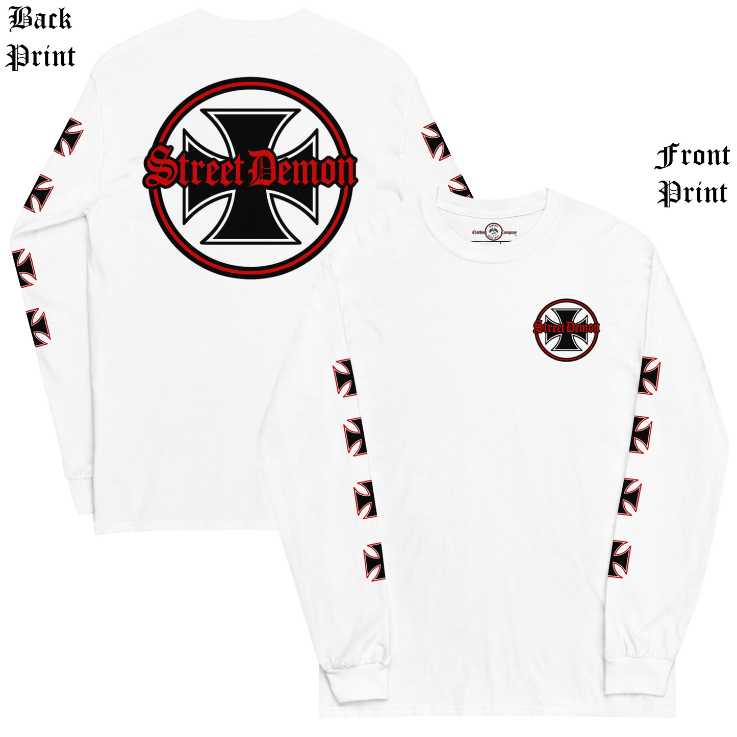 
                  
                    Back & front view of the Street Demon Long Sleeve Tee in White from Asphalt Anarchist Clothing Co. Red & black Iron cross and Old English graphic. AI-generated image.
                  
                