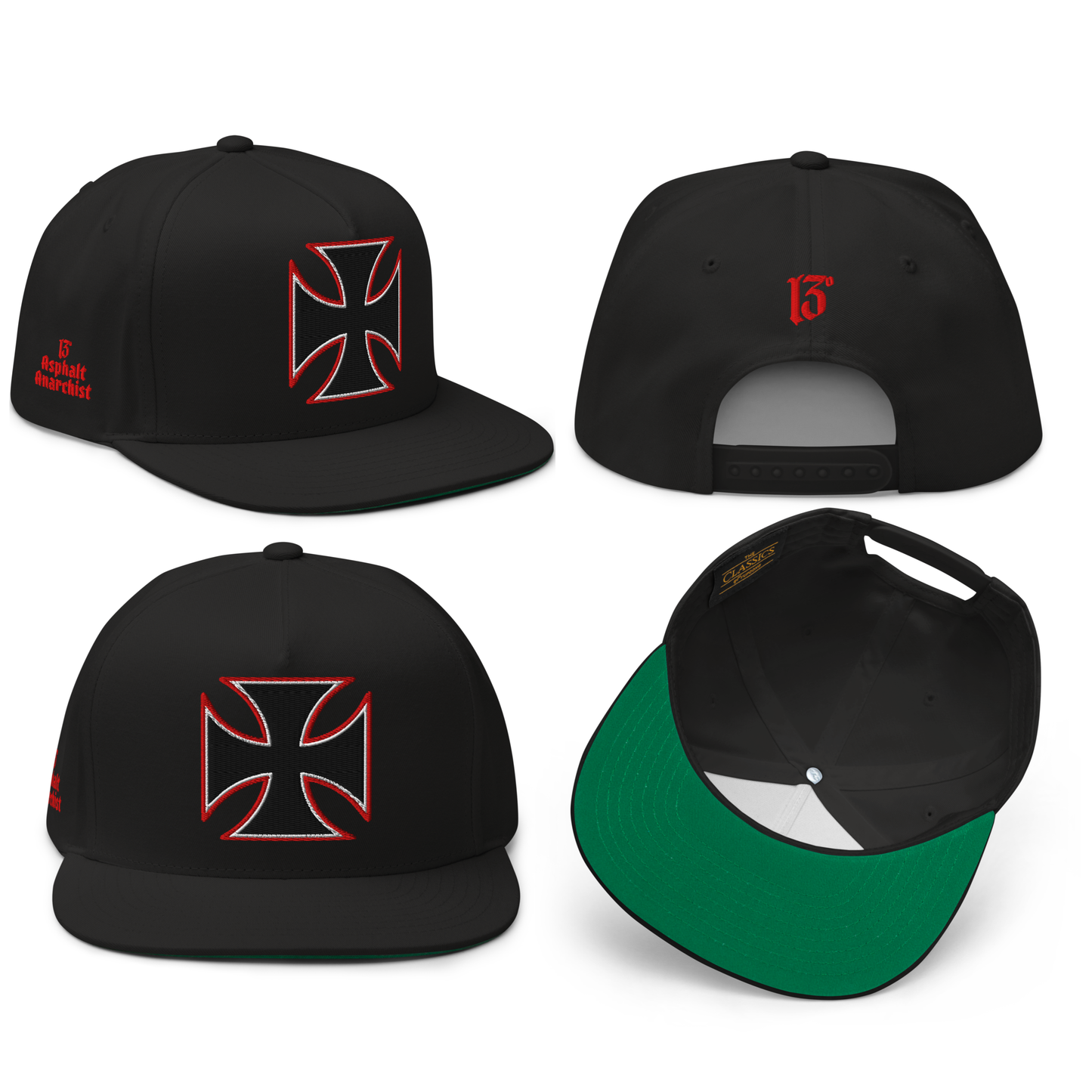 
                  
                    All sides View Black Street Demon Snapback Hat from Asphalt Anarchist Clothing Co. featuring a bold embroidered Iron Cross emblem centered on the front panel; flat brim and structured fit reflect rebellious streetwear style.
This image was AI-generated. 
                  
                