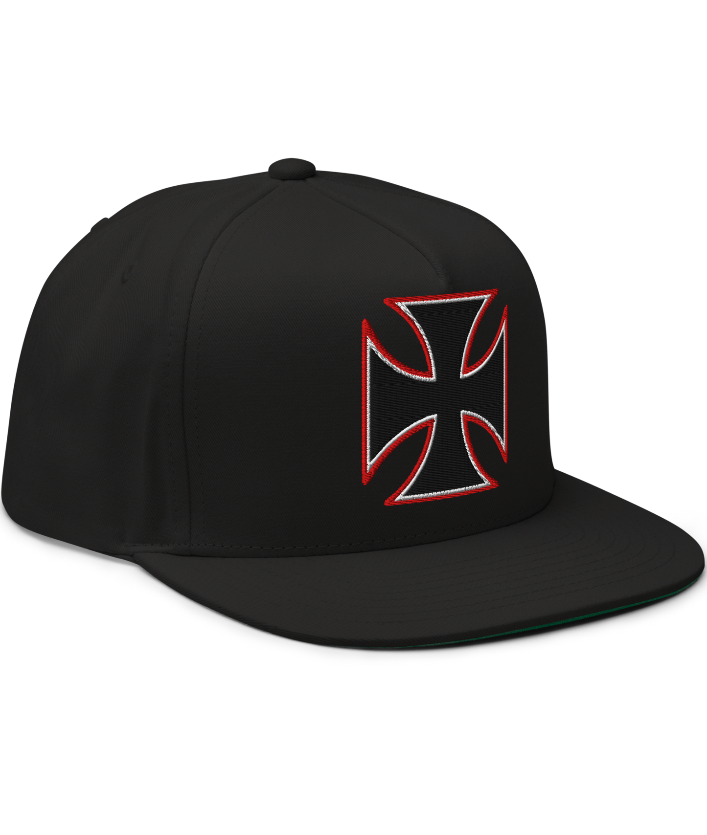 Front View. Black Street Demon Snapback Hat from Asphalt Anarchist Clothing Co. featuring a bold embroidered Iron Cross emblem centered on the front panel; flat brim and structured fit reflect rebellious streetwear style.
