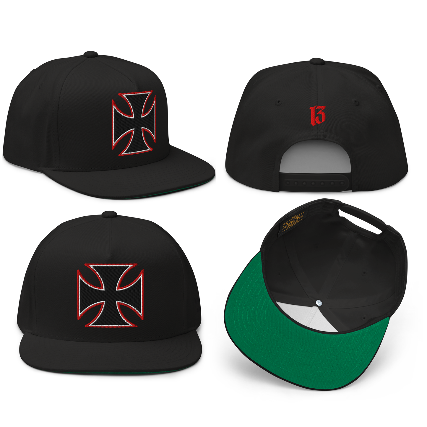 
                  
                    Collage View. Black, Black & Gray, Gray. Red Street Demon Snapback Hat from Asphalt Anarchist Clothing Co. featuring a bold embroidered Iron Cross emblem centered on the front panel; flat brim and structured fit reflect rebellious streetwear style.
This image was AI-generated.
                  
                