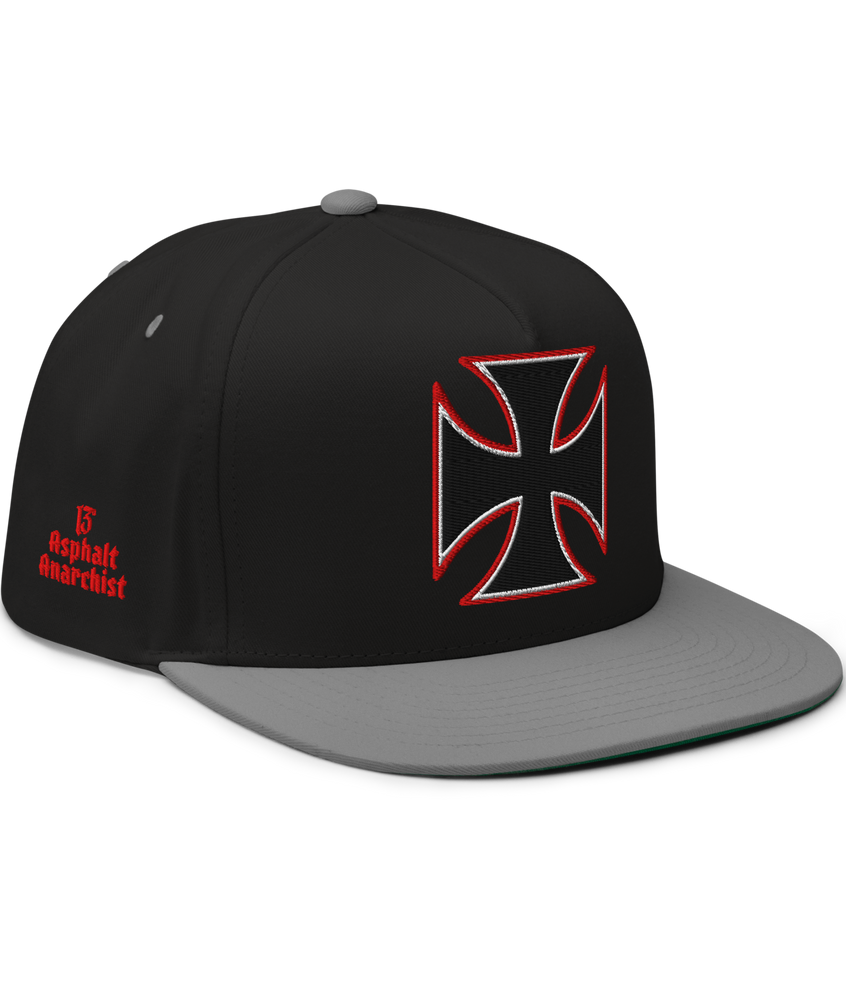 
                  
                    Front View. Black & Gray Street Demon Snapback Hat from Asphalt Anarchist Clothing Co. featuring a bold embroidered Iron Cross emblem centered on the front panel; flat brim and structured fit reflect rebellious streetwear style.
This image was AI-generated.
                  
                