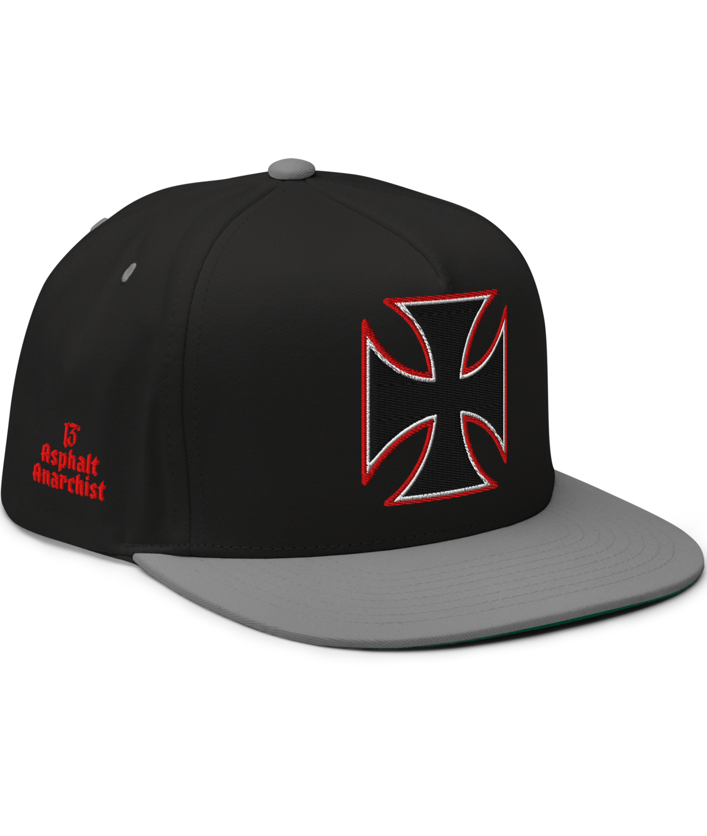 
                  
                    Front View. Black & Gray Street Demon Snapback Hat from Asphalt Anarchist Clothing Co. featuring a bold embroidered Iron Cross emblem centered on the front panel; flat brim and structured fit reflect rebellious streetwear style.
This image was AI-generated.
                  
                