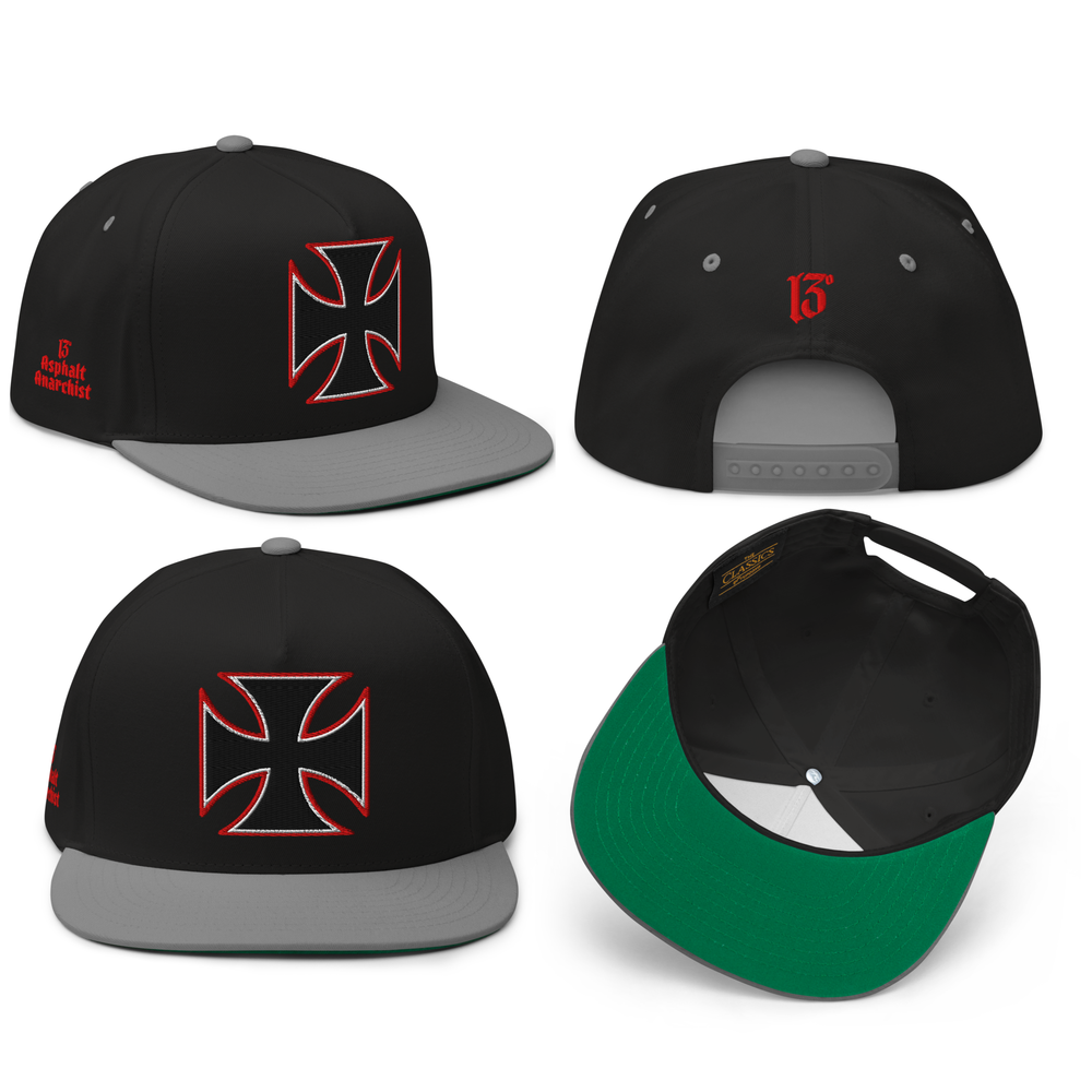 
                  
                    All sides View Black & Gray Street Demon Snapback Hat from Asphalt Anarchist Clothing Co. featuring a bold embroidered Iron Cross emblem centered on the front panel; flat brim and structured fit reflect rebellious streetwear style.
This image was AI-generated.
                  
                
