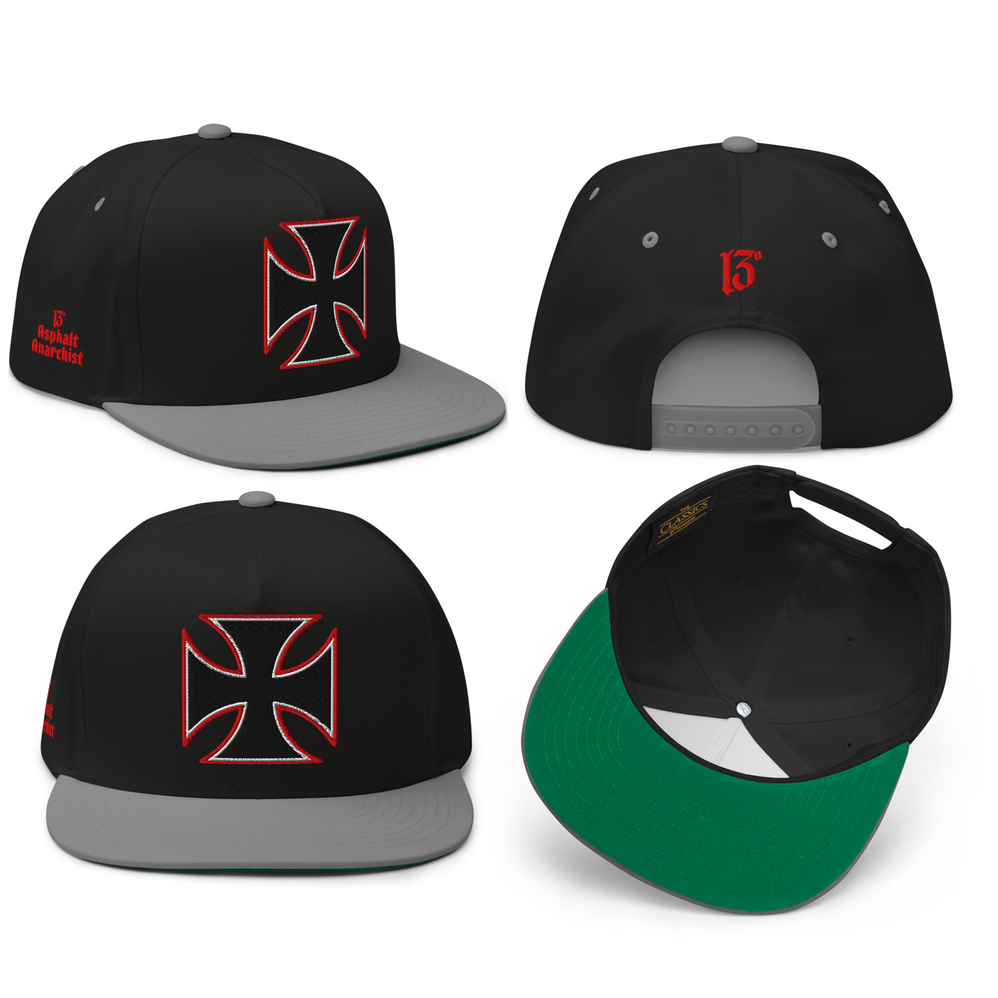 
                  
                    All sides View Black & Gray Street Demon Snapback Hat from Asphalt Anarchist Clothing Co. featuring a bold embroidered Iron Cross emblem centered on the front panel; flat brim and structured fit reflect rebellious streetwear style.
This image was AI-generated.
                  
                