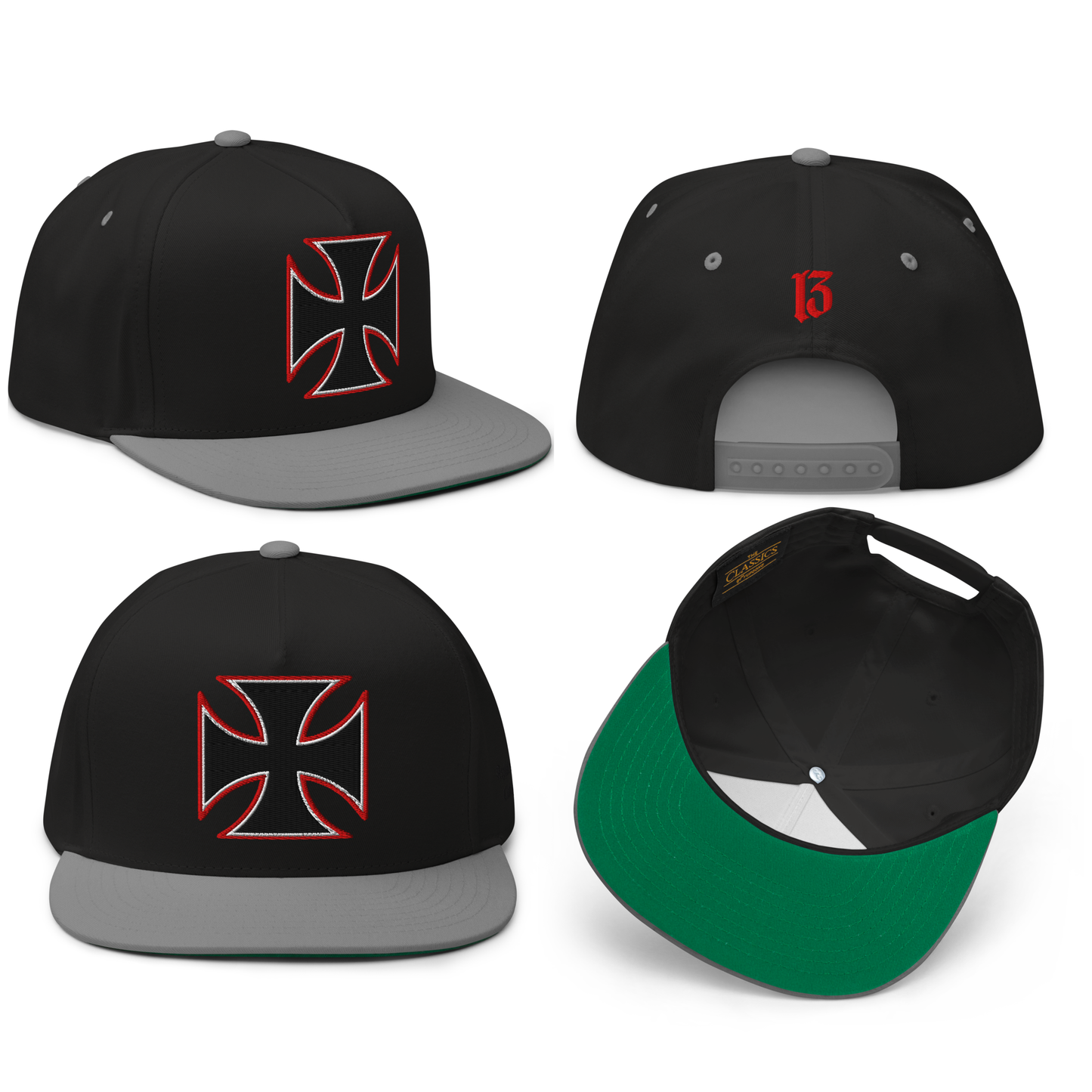 
                  
                    All sides View Black & Gray Street Demon Snapback Hat from Asphalt Anarchist Clothing Co. featuring a bold embroidered Iron Cross emblem centered on the front panel; flat brim and structured fit reflect rebellious streetwear style.
This image was AI-generated.
                  
                