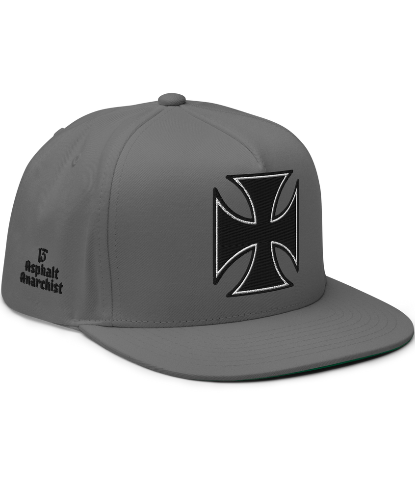 
                  
                    Front View. Gray Street Demon Snapback Hat from Asphalt Anarchist Clothing Co. featuring a bold embroidered Iron Cross emblem centered on the front panel; flat brim and structured fit reflect rebellious streetwear style.
This image was AI-generated.
                  
                