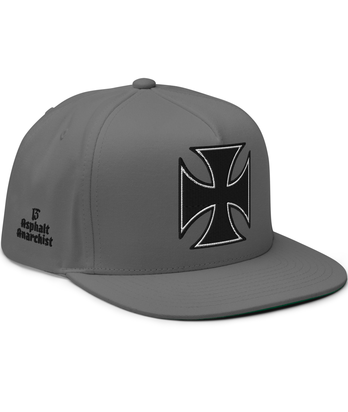 
                  
                    Front View. Gray Street Demon Snapback Hat from Asphalt Anarchist Clothing Co. featuring a bold embroidered Iron Cross emblem centered on the front panel; flat brim and structured fit reflect rebellious streetwear style.
This image was AI-generated.
                  
                