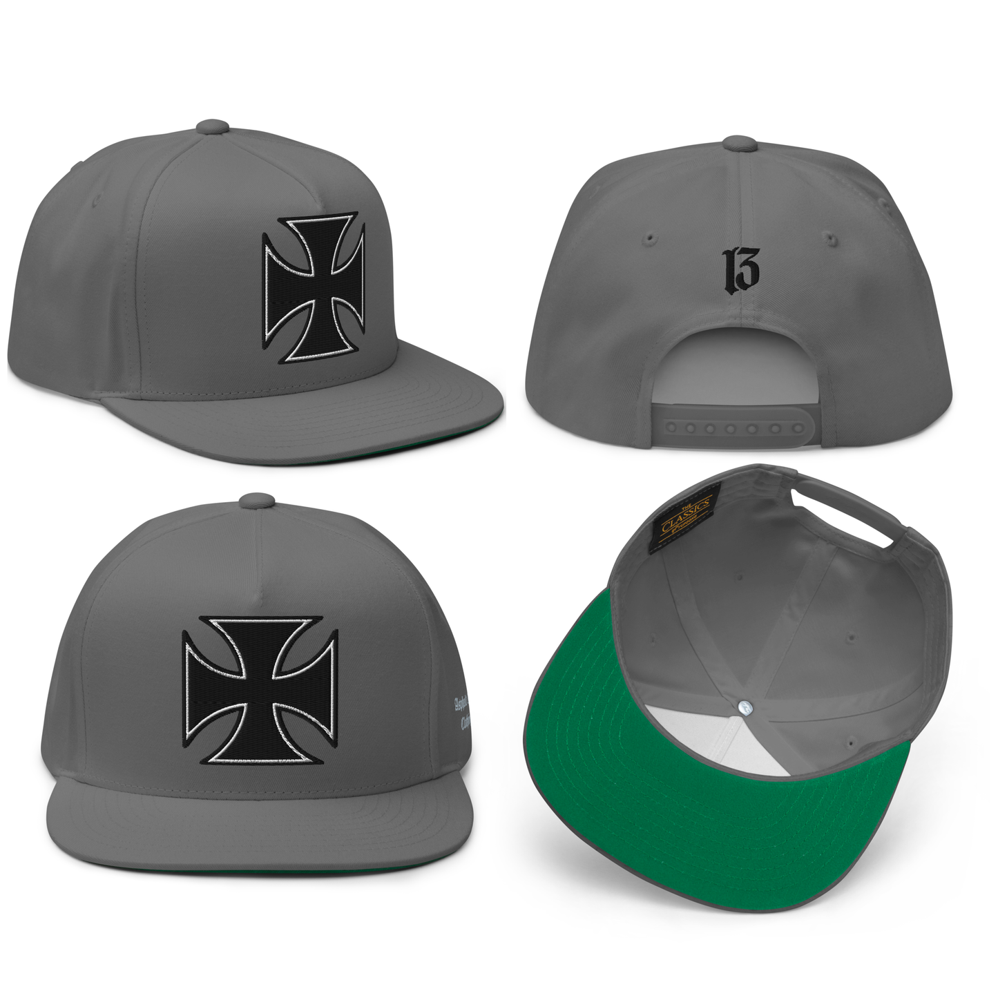 
                  
                    All sides View Gray Street Demon Snapback Hat from Asphalt Anarchist Clothing Co. featuring a bold embroidered Iron Cross emblem centered on the front panel; flat brim and structured fit reflect rebellious streetwear style.
This image was AI-generated.
                  
                