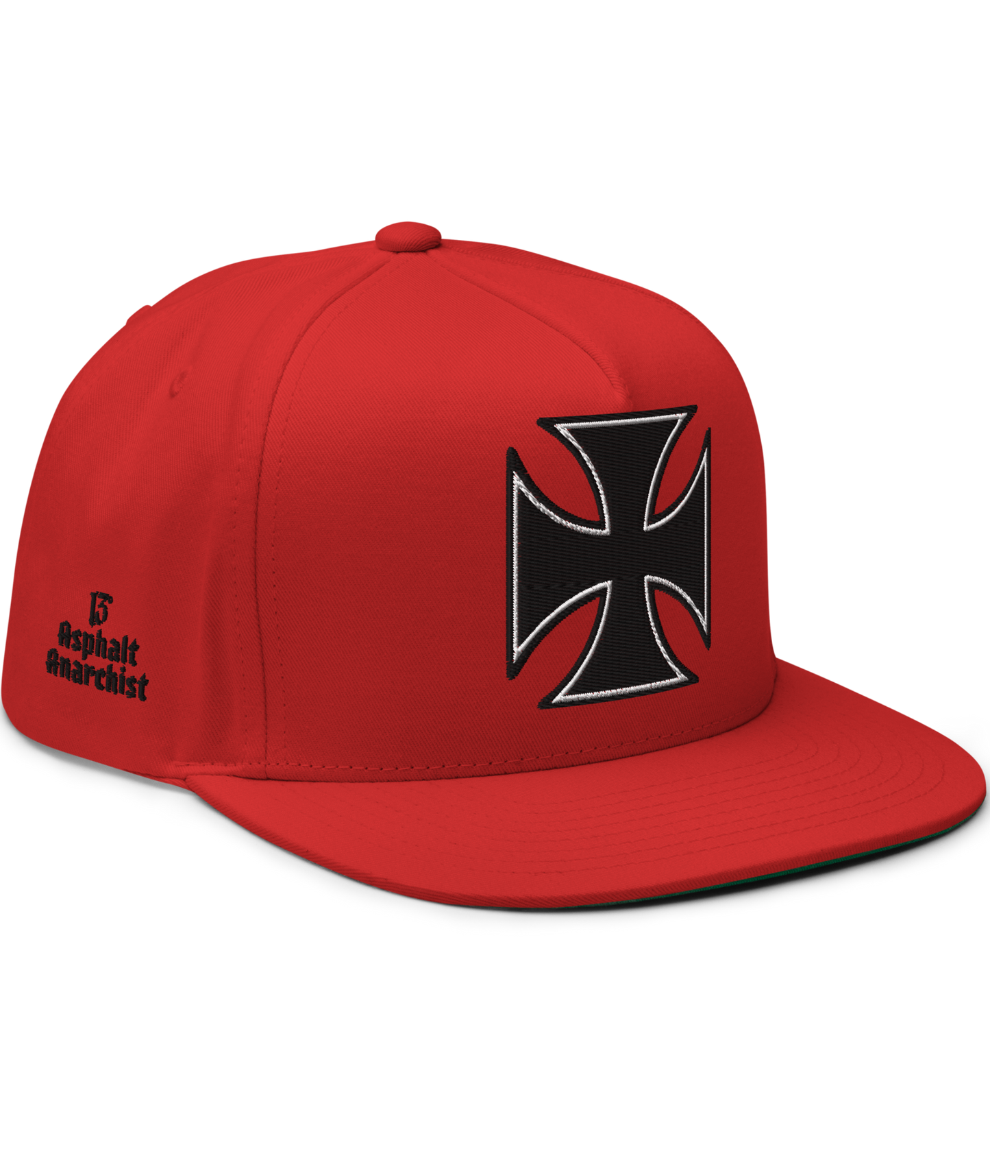 
                  
                    Front View. Red Street Demon Snapback Hat from Asphalt Anarchist Clothing Co. featuring a bold embroidered Iron Cross emblem centered on the front panel; flat brim and structured fit reflect rebellious streetwear style.
This image was AI-generated.
                  
                